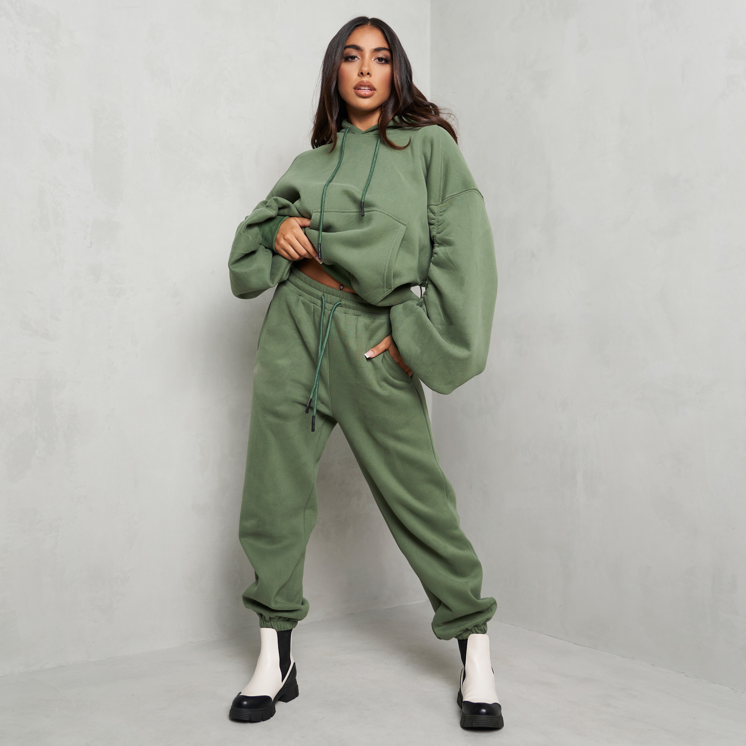 Ruched Sleeve Hoodie And Jogger Set In Khaki Green UK Medium M, Green