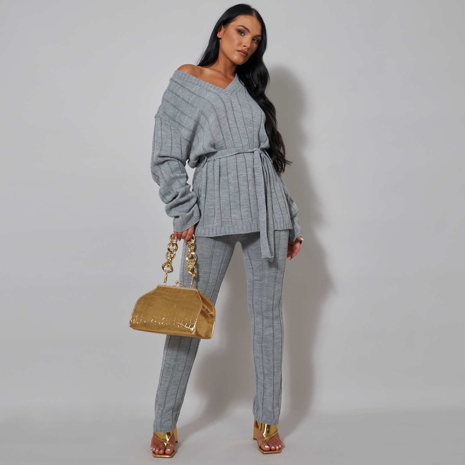Knitted Waist Ribbed Jumper And Legging Co Ord In Grey UK Medium/Large M/L, Grey