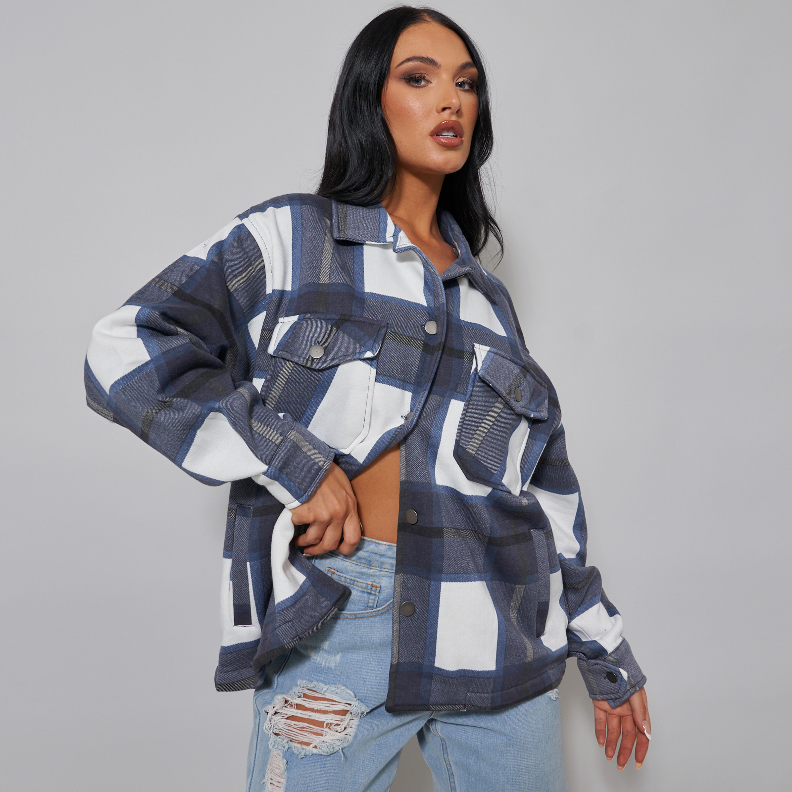 Button Front Plaid Jacket In Navy Blue And White UK Medium M, Blue