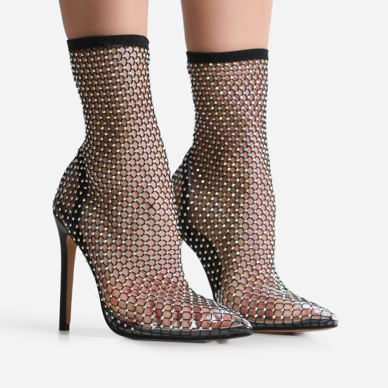 Vakili Multi Colour Diamante Detail Heel Ankle Sock Boot In Black Fishnet, Black (EGO SHOES)