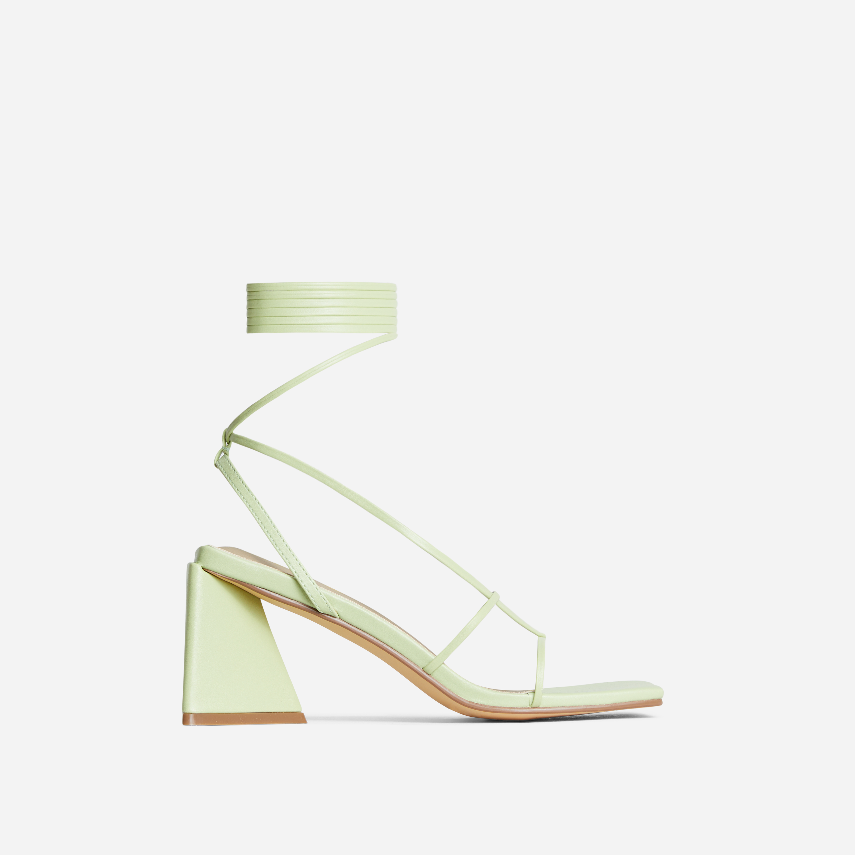 Enchanting Lace Up Strappy Square Toe Low Statement Block Heel In Light Green Faux Leather, Green (EGO SHOES)