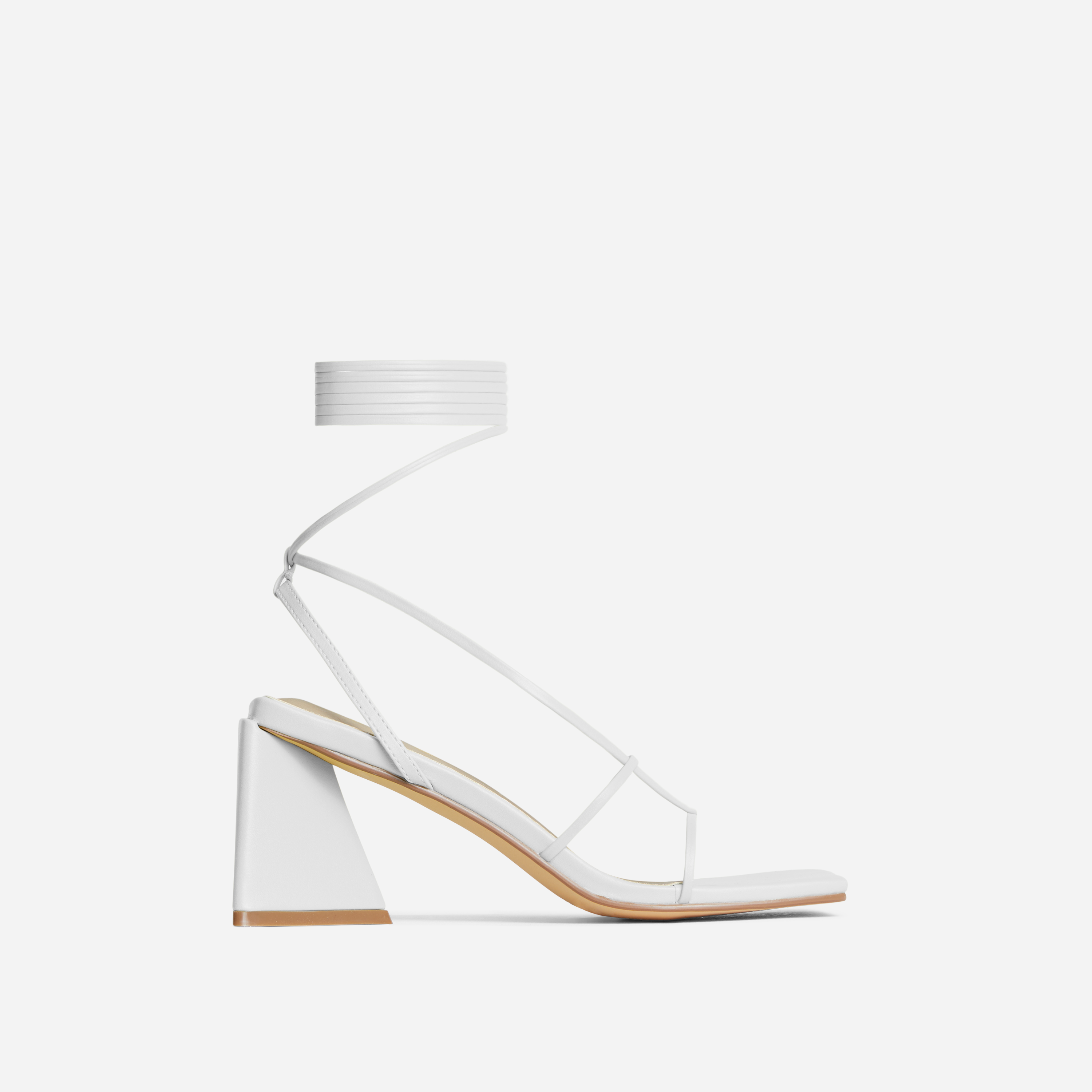 Enchanting Lace Up Strappy Square Toe Low Statement Block Heel In White Faux Leather, White (EGO SHOES)