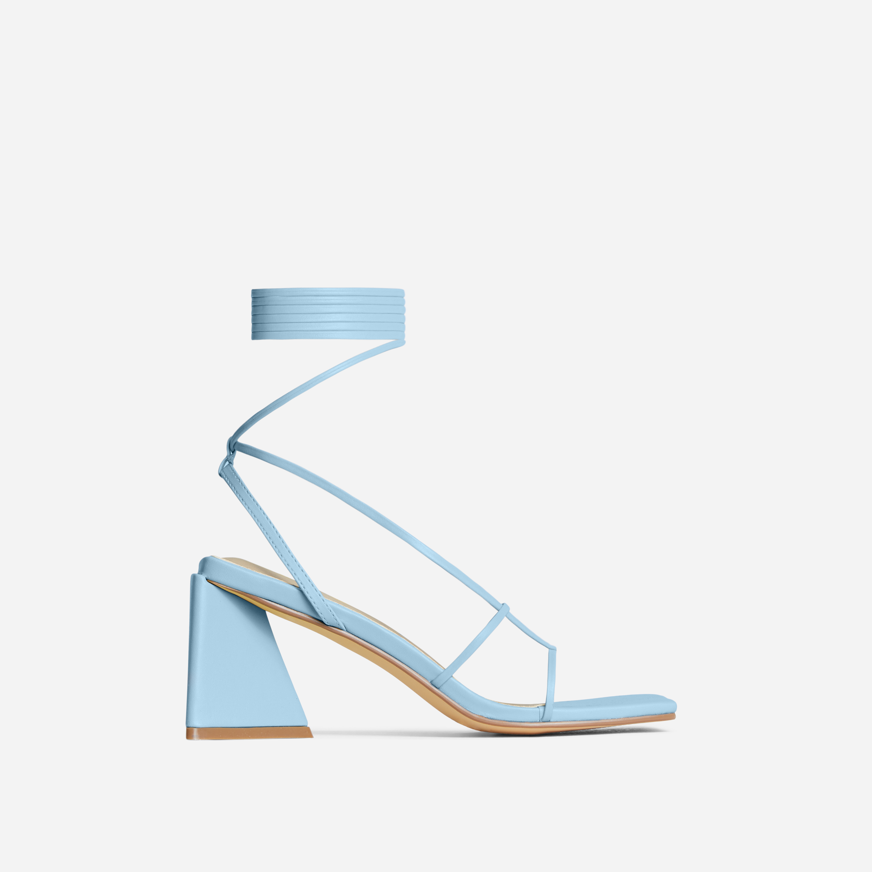 Enchanting Lace Up Strappy Square Toe Low Statement Block Heel In Light Blue Faux Leather, Blue (EGO SHOES)