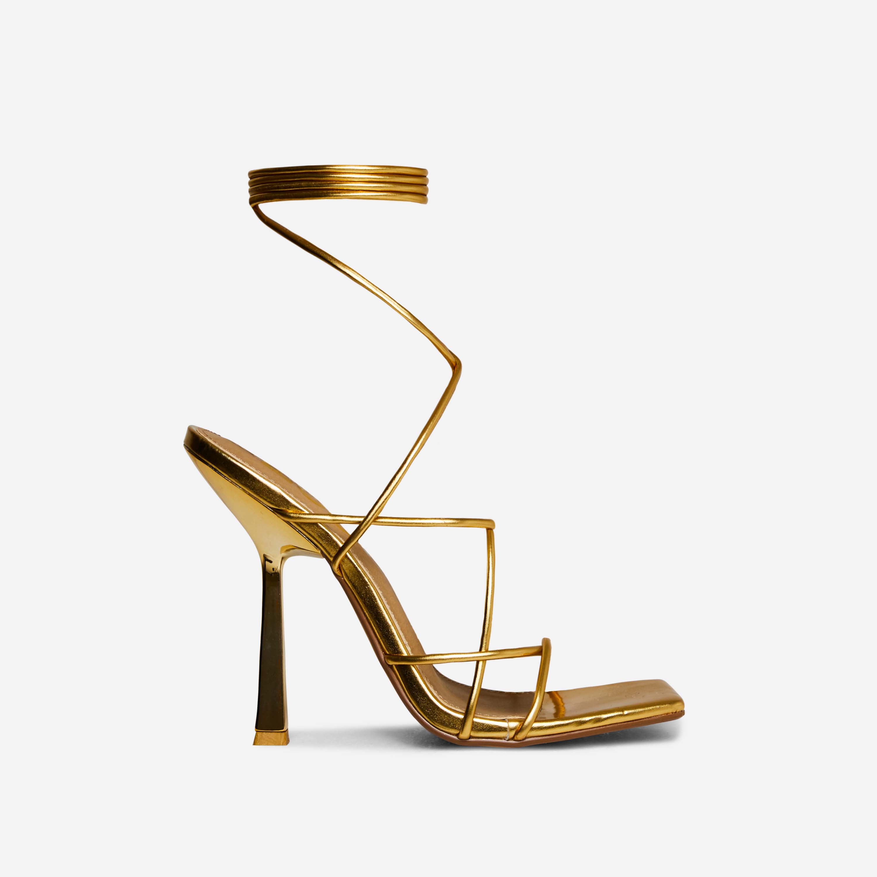 Escaping Lace Up Strappy Square Toe Heel In Gold Metallic Faux Leather, Gold (EGO SHOES)