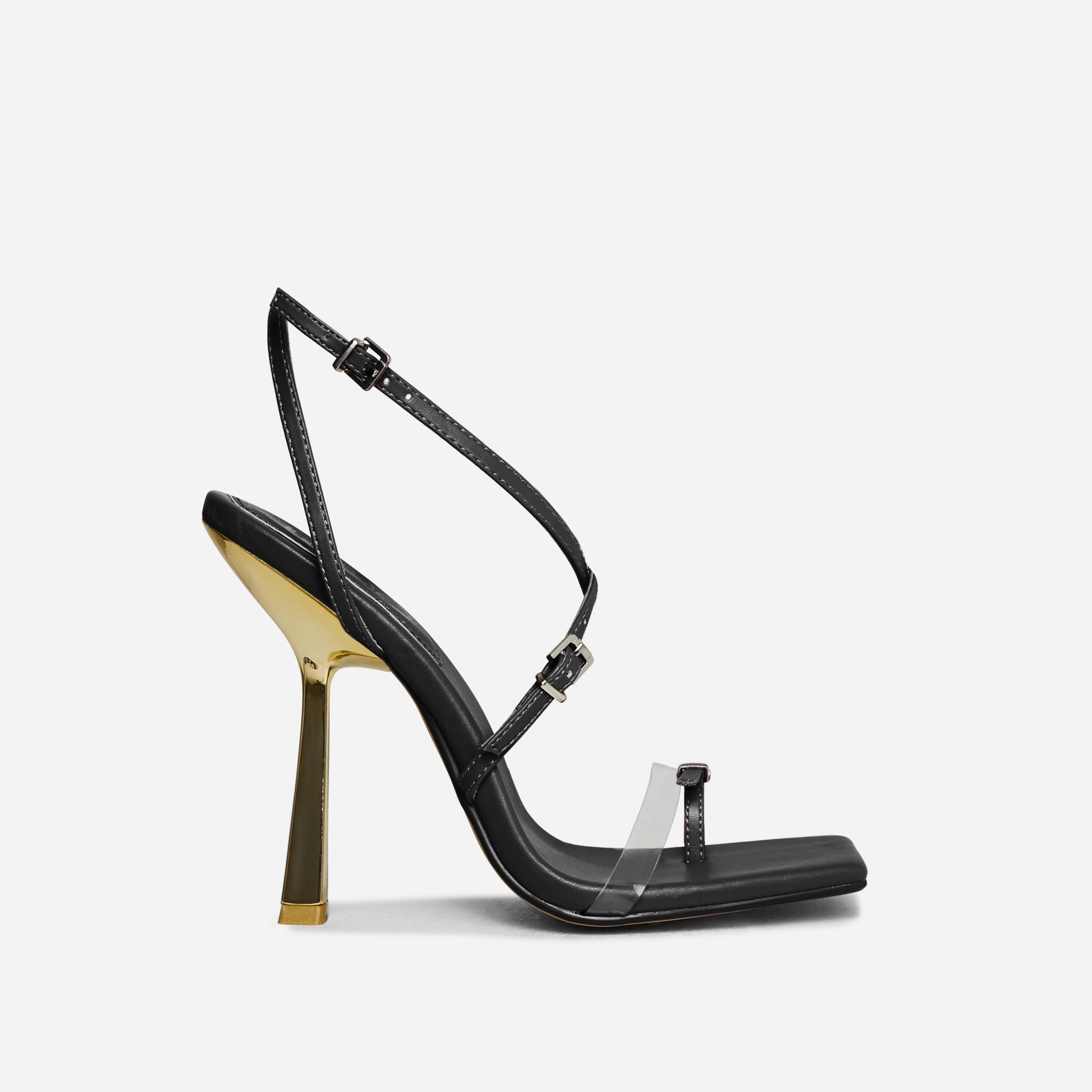 Esme Clear Perspex Buckle Strap Detail Square Toe Statement Heel In Black Faux Leather, Black (EGO SHOES)