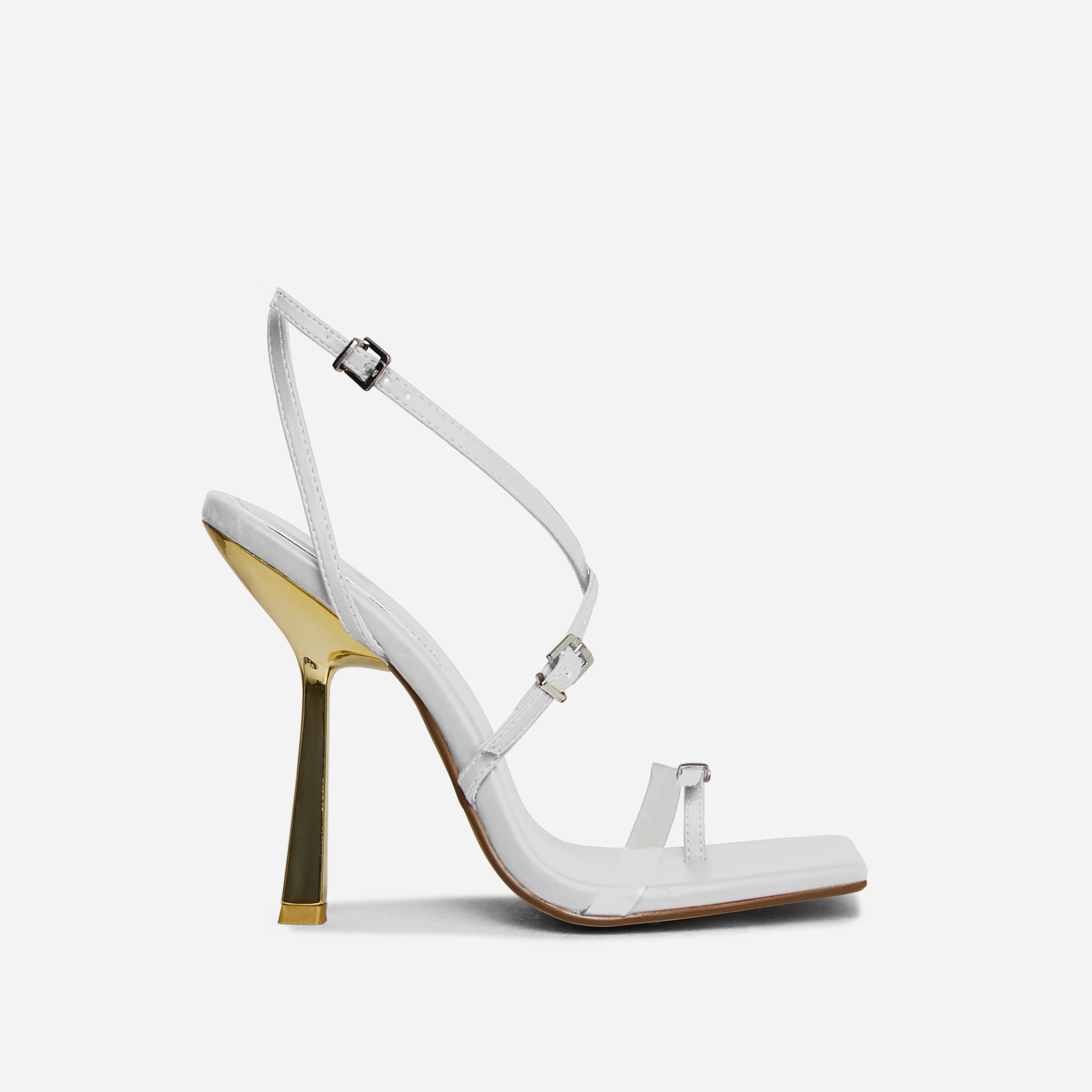 Esme Clear Perspex Buckle Strap Detail Square Toe Statement Heel In White Faux Leather, White (EGO SHOES)