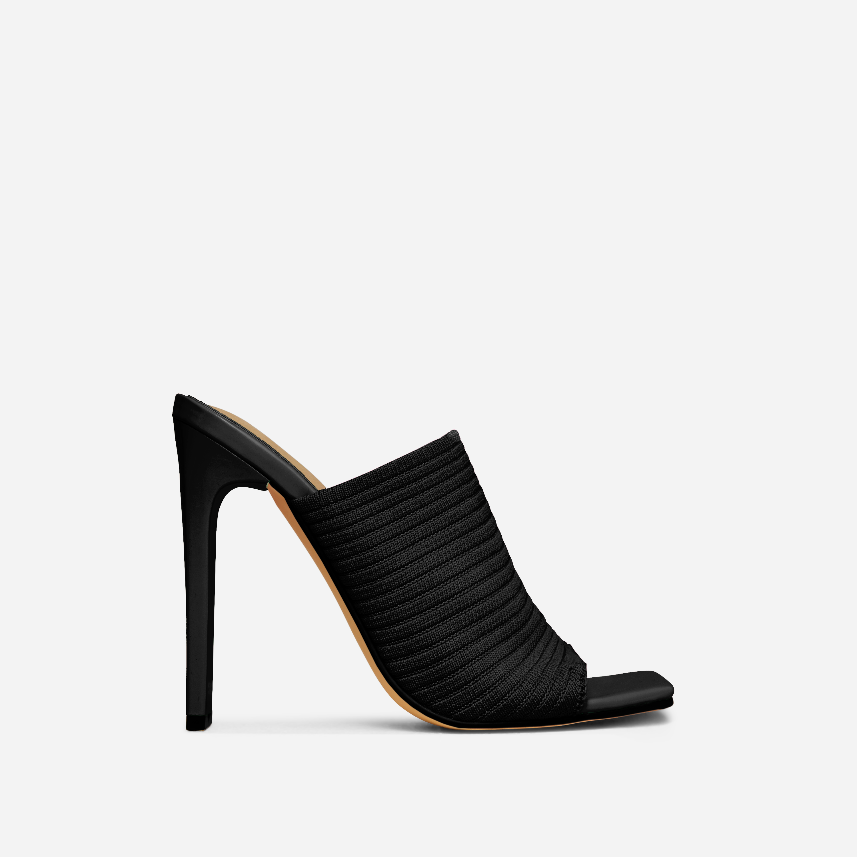 Falbala Square Peep Toe Thin Block Heel Mule In Black Knit, Black (EGO SHOES)