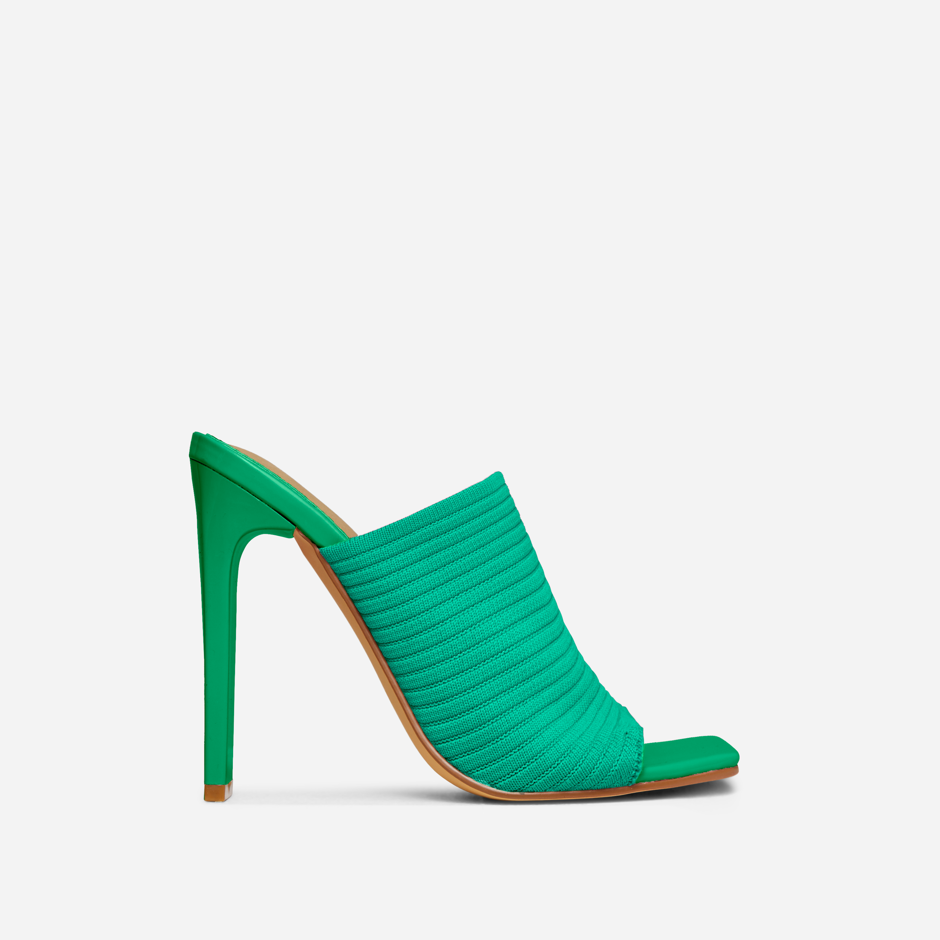 Falbala Square Peep Toe Thin Block Heel Mule In Green Knit, Green (EGO SHOES)