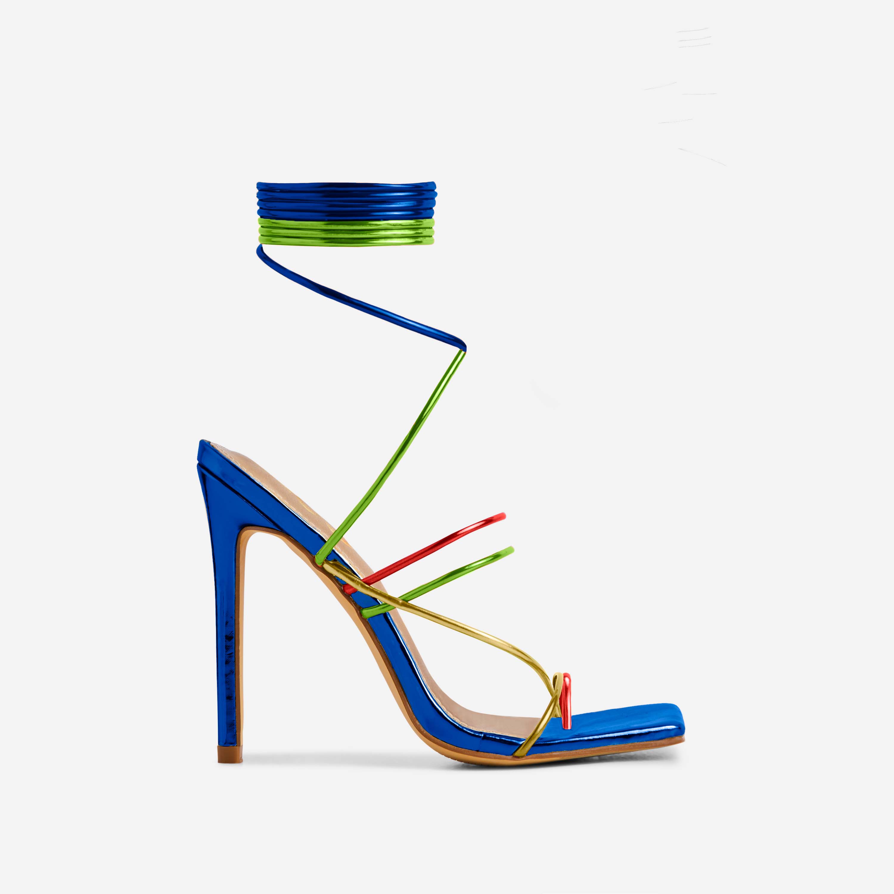 Firework Lace Up Strappy Square Toe Stiletto Heel In Blue Metallic Faux Leather, Blue (EGO SHOES)