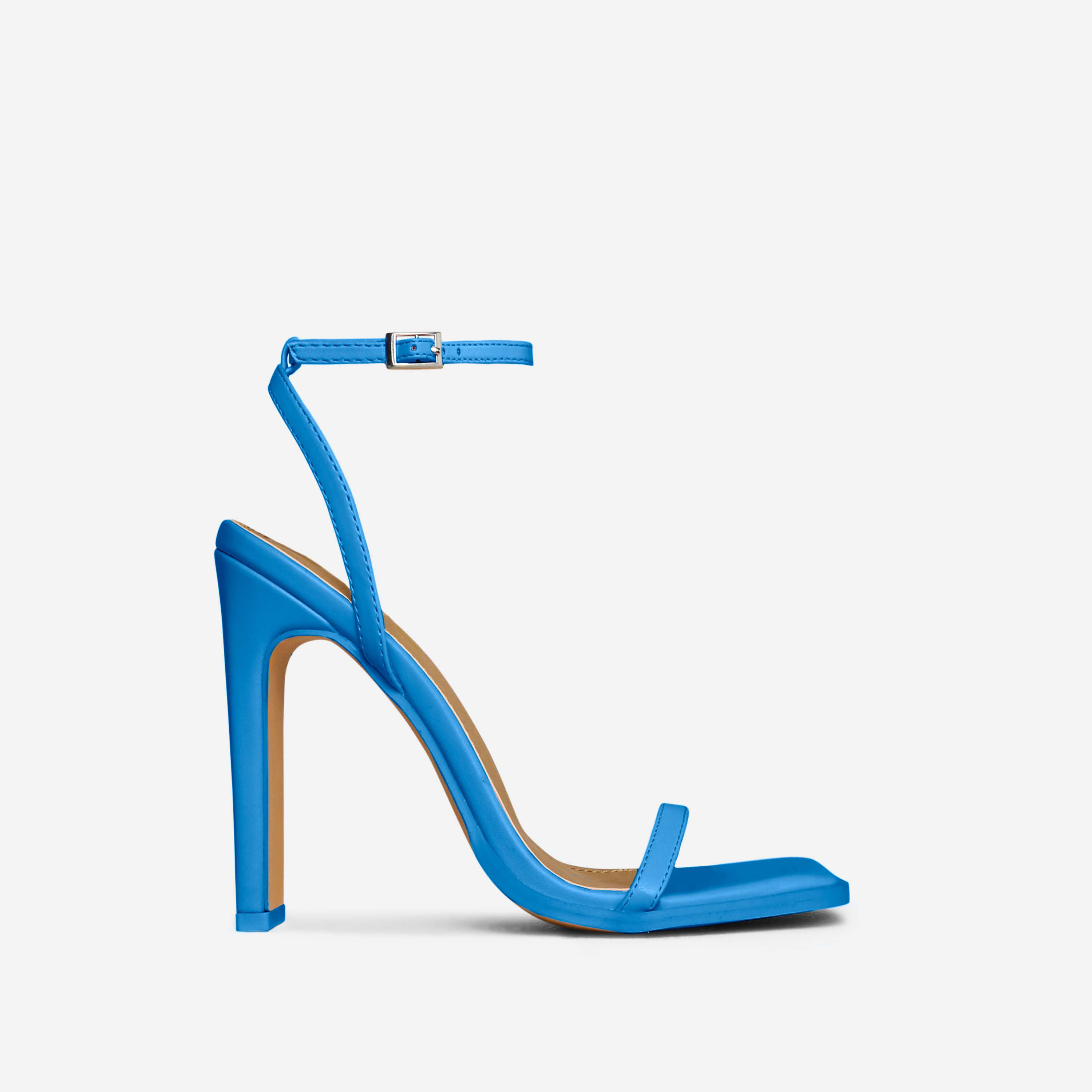 Flor Square Toe Barely There Thin Block Heel In Teal Blue Faux Leather, Blue (EGO SHOES)