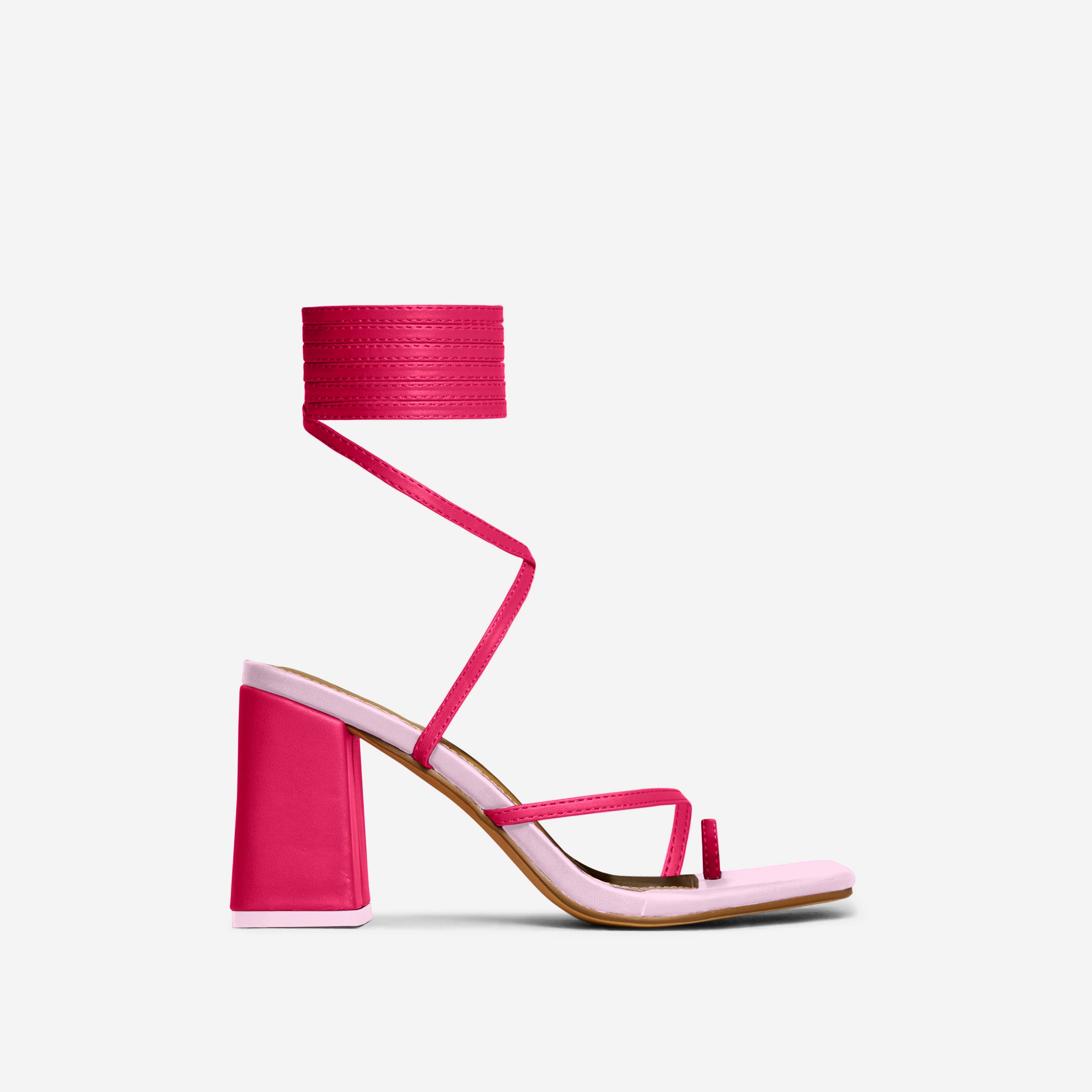 Follow-Heart Lace Up Strappy Square Toe Low Block Heel In Pink Faux Leather, Pink (EGO SHOES)