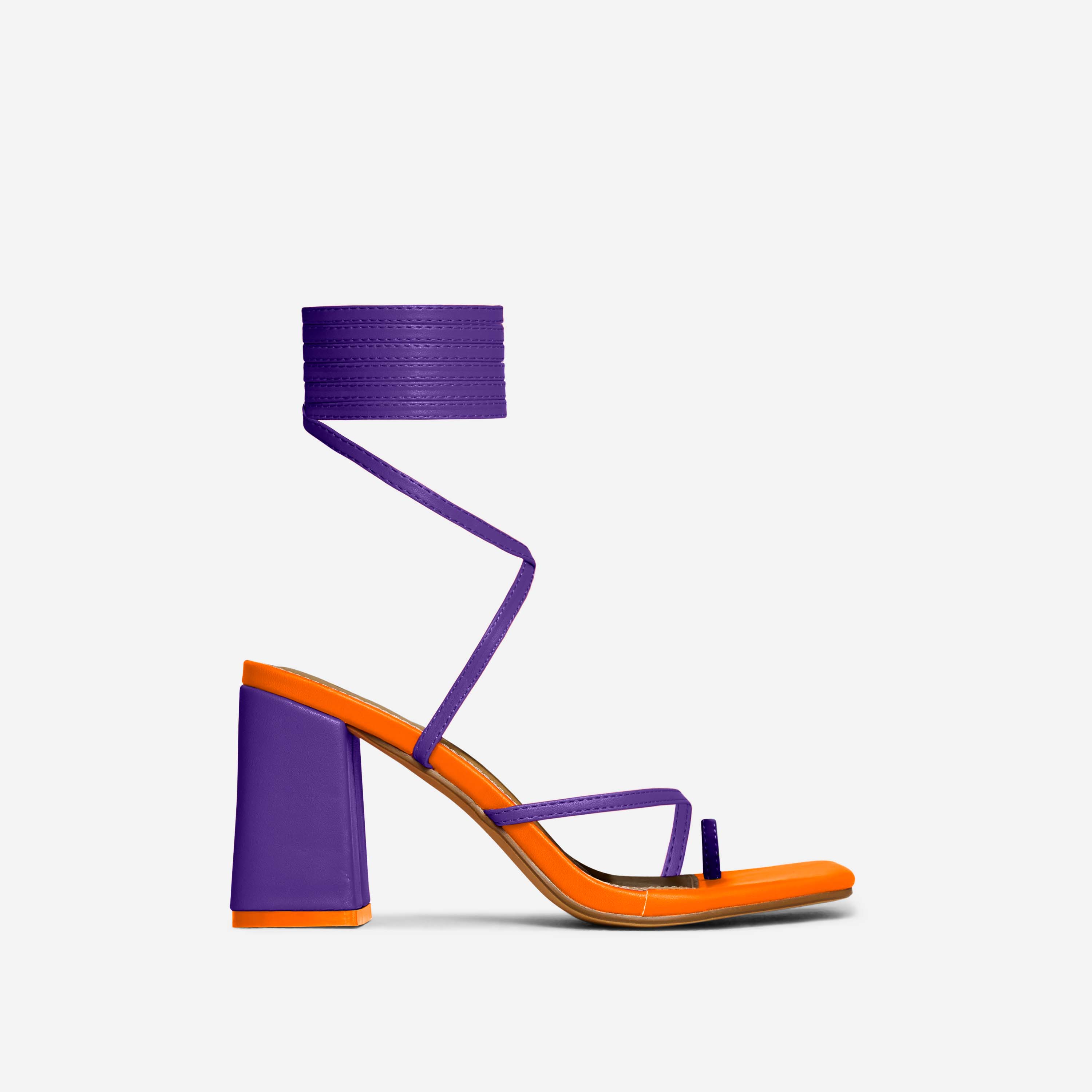 Follow-Heart Lace Up Strappy Square Toe Low Block Heel In Purple And Orange Faux Leather, Purple (EGO SHOES)