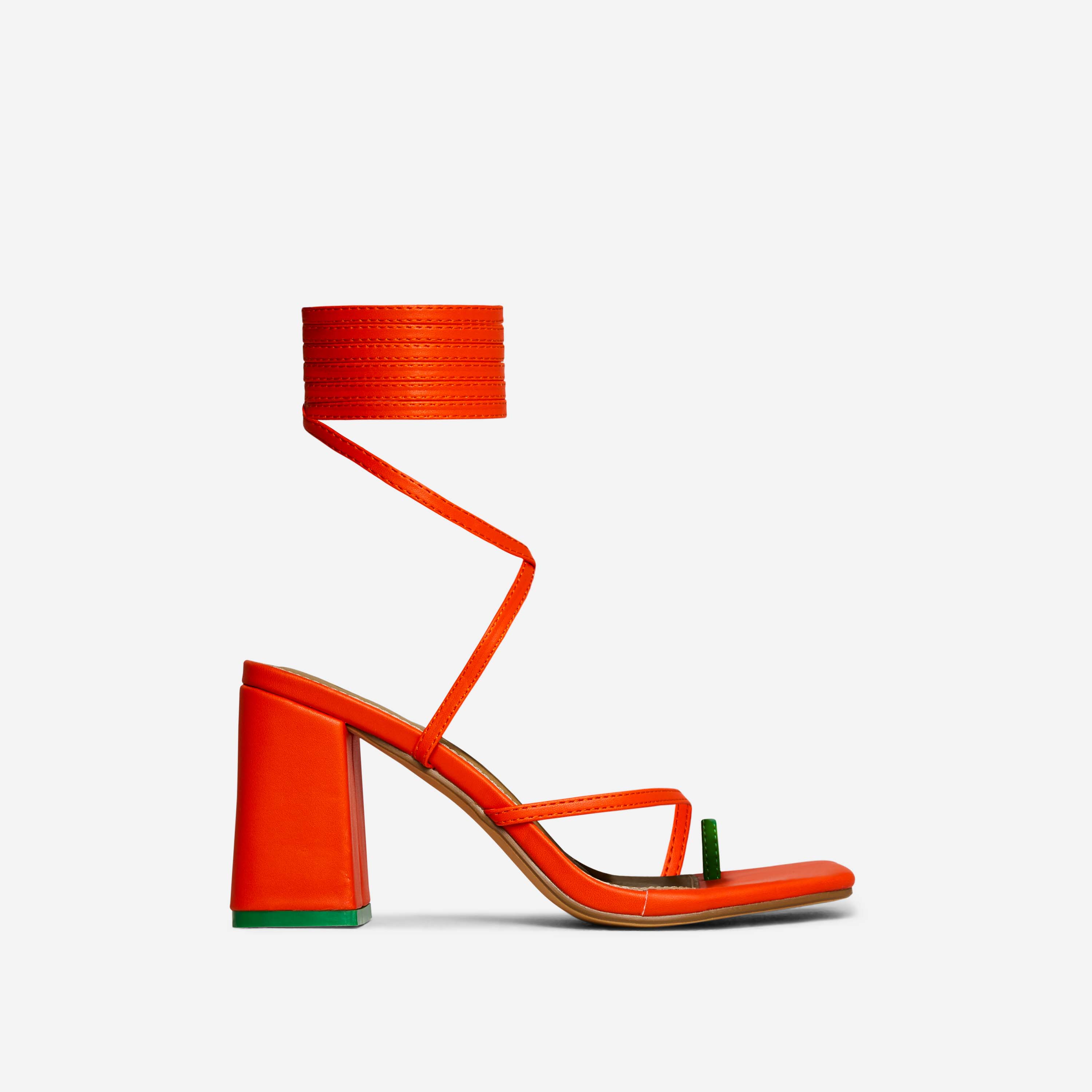 Follow-Heart Lace Up Strappy Square Toe Low Block Heel In Green And Orange Faux Leather, Orange (EGO SHOES)