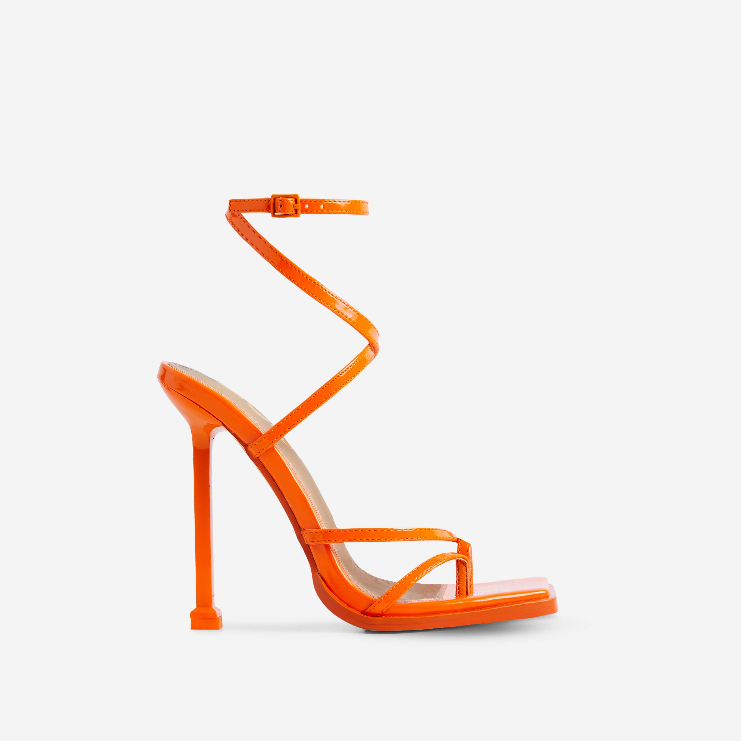 Galaxy Strappy Square Toe Stiletto Heel In Orange Patent, Orange (EGO SHOES)