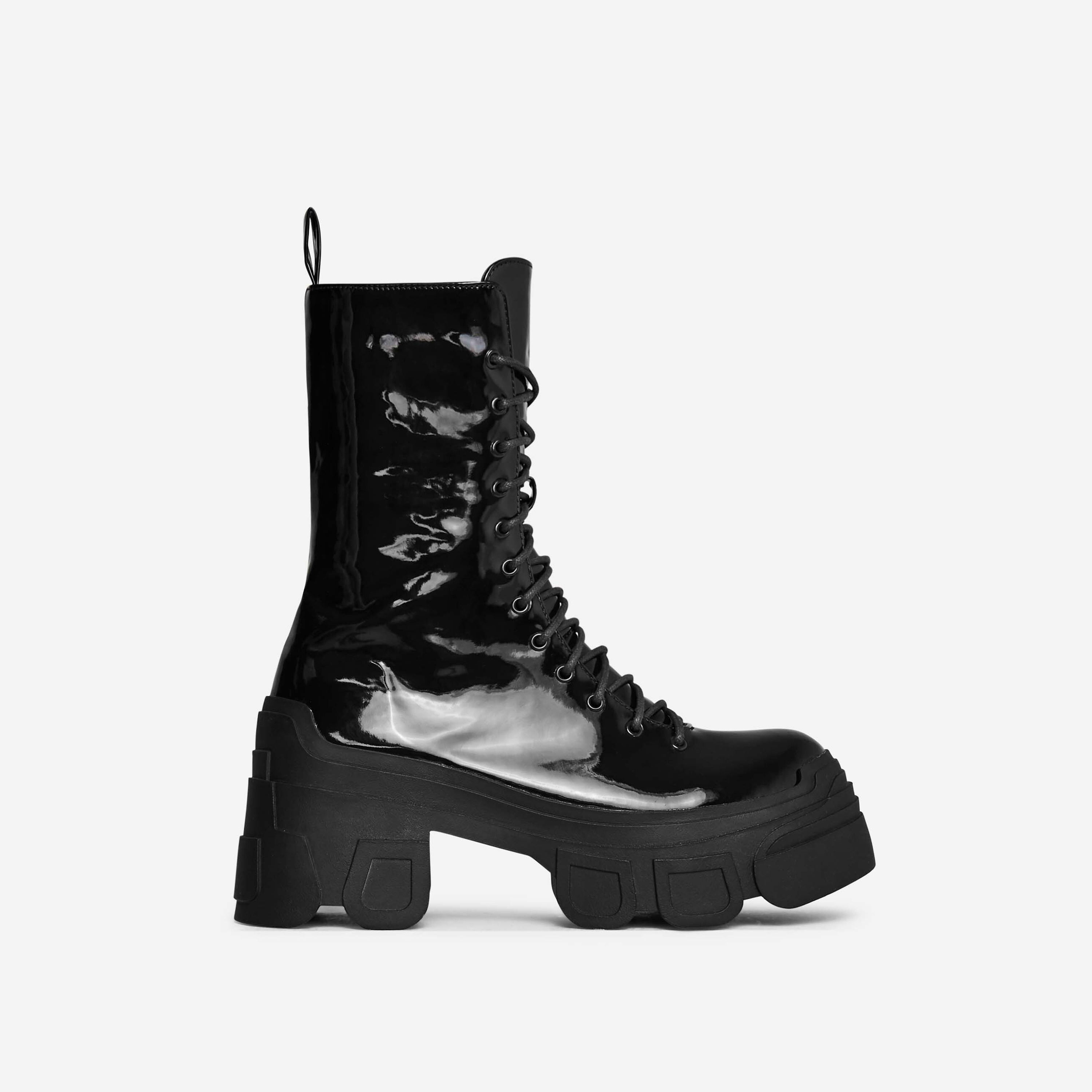 Gia Chunky Sole Lace Up Ankle Biker Boot In Black Patent, Black (EGO SHOES)