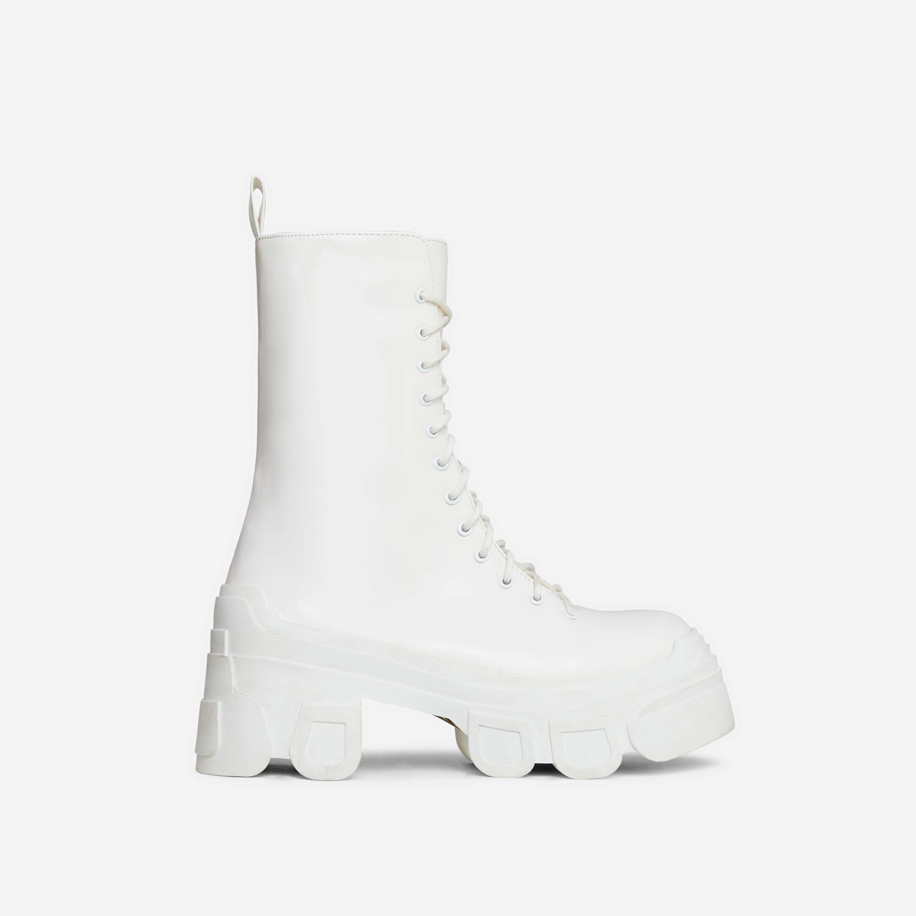 Gia Chunky Sole Lace Up Ankle Biker Boot In White Patent, White (EGO SHOES)