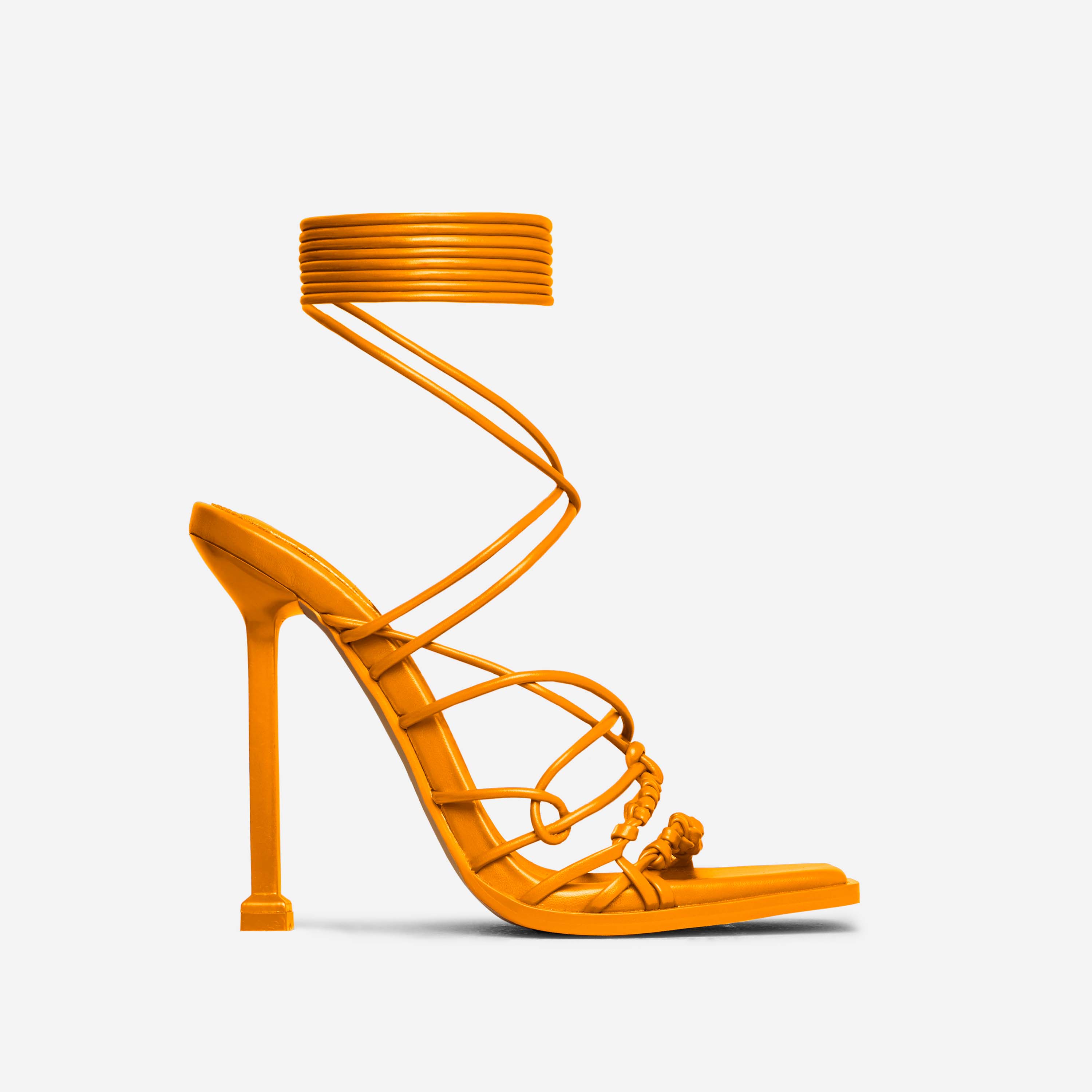 Girl-Talks Lace Up Knotted Strap Square Toe Heel In Orange Faux Leather, Orange (EGO SHOES)