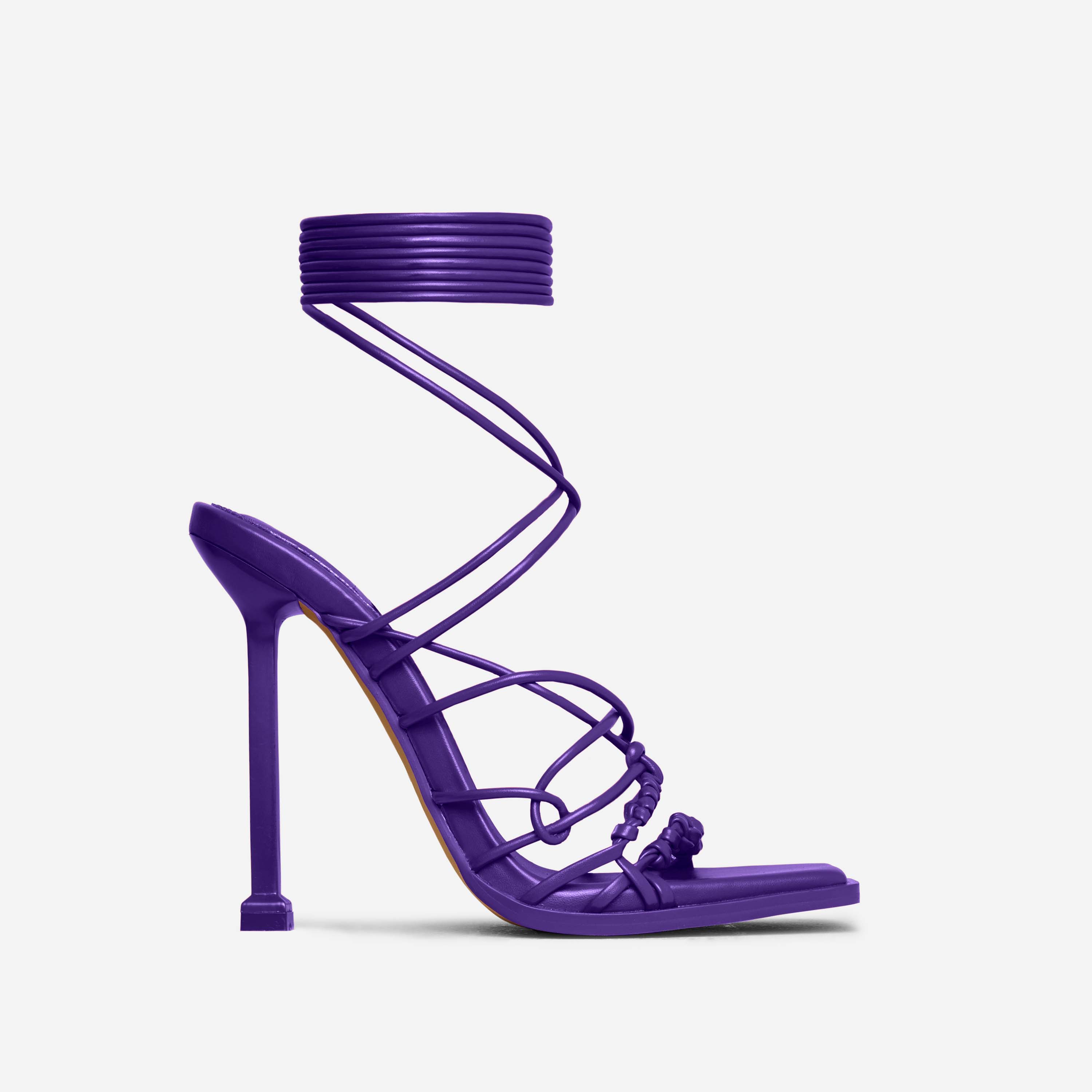 Girl-Talks Lace Up Knotted Strap Square Toe Heel In Purple Faux Leather, Purple (EGO SHOES)