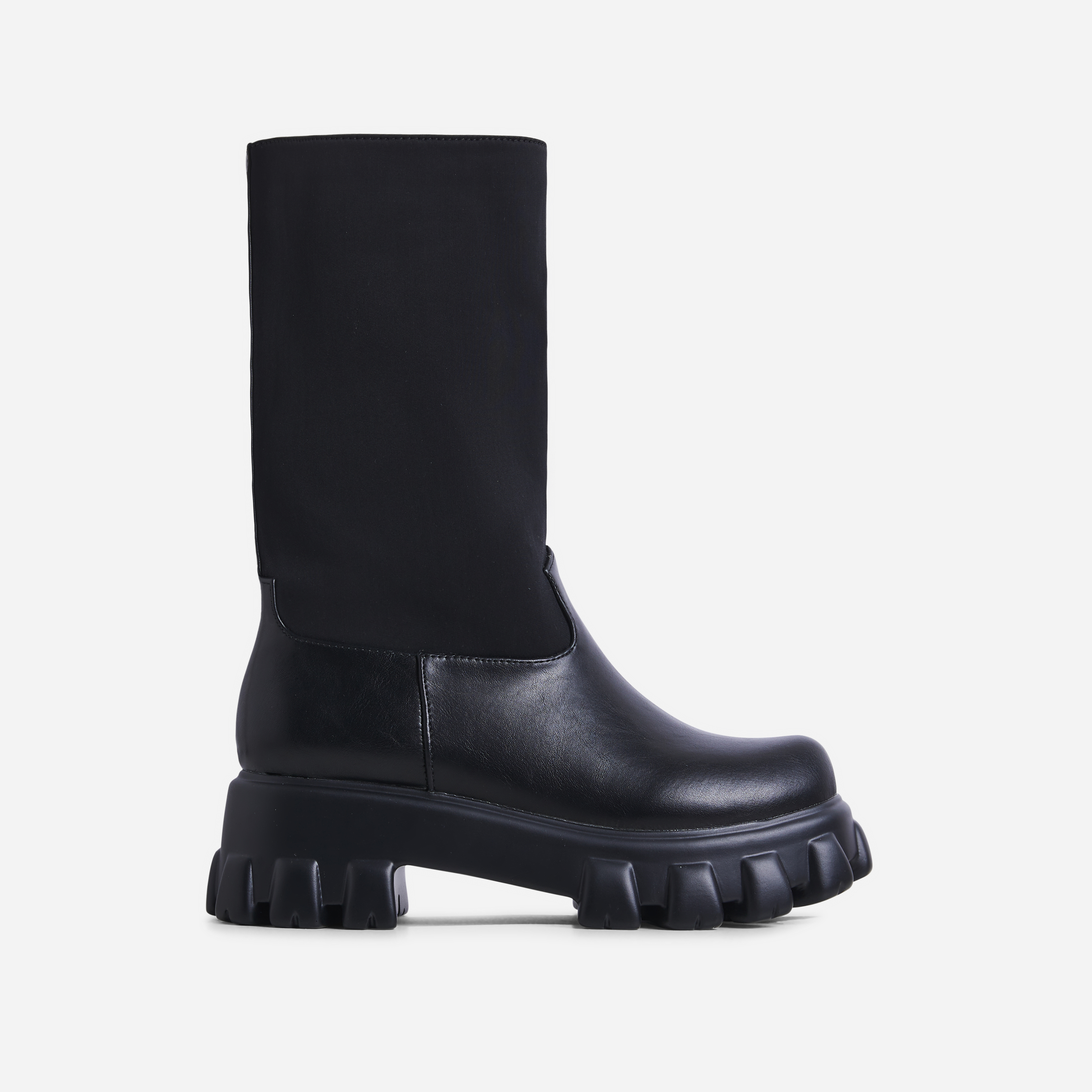 Giustina Chunky Sole Mid Calf Ankle Biker Boot In Black Faux Leather, Black (EGO SHOES)