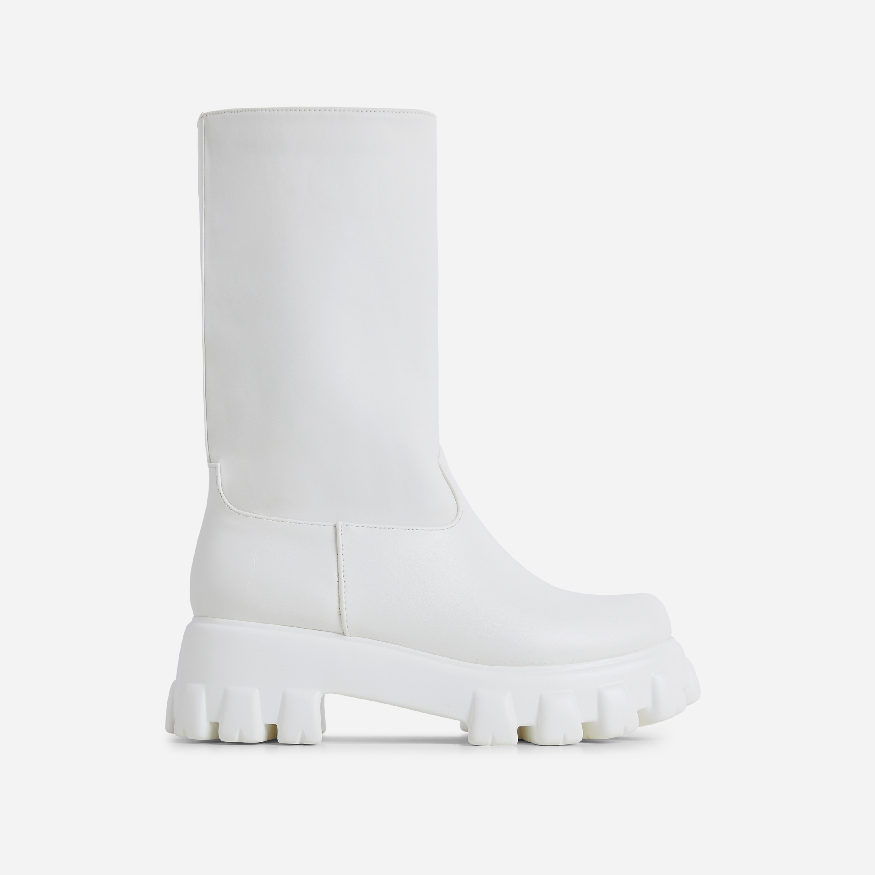 Giustina Chunky Sole Mid Calf Ankle Biker Boot In White Faux Leather, White (EGO SHOES)