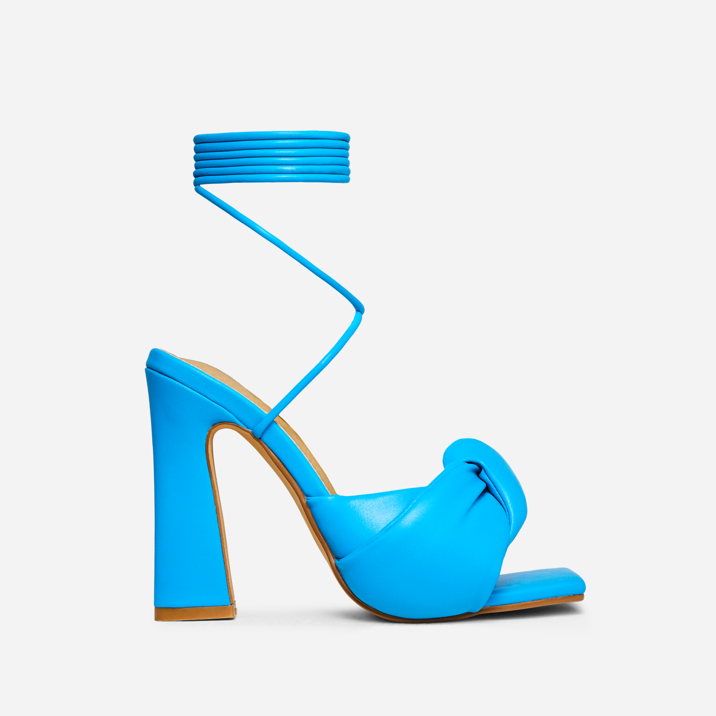 Goal-Digger Lace Up Padded Knot Detail Square Toe Flared Block Heel In Blue Faux Leather, Blue (EGO SHOES)