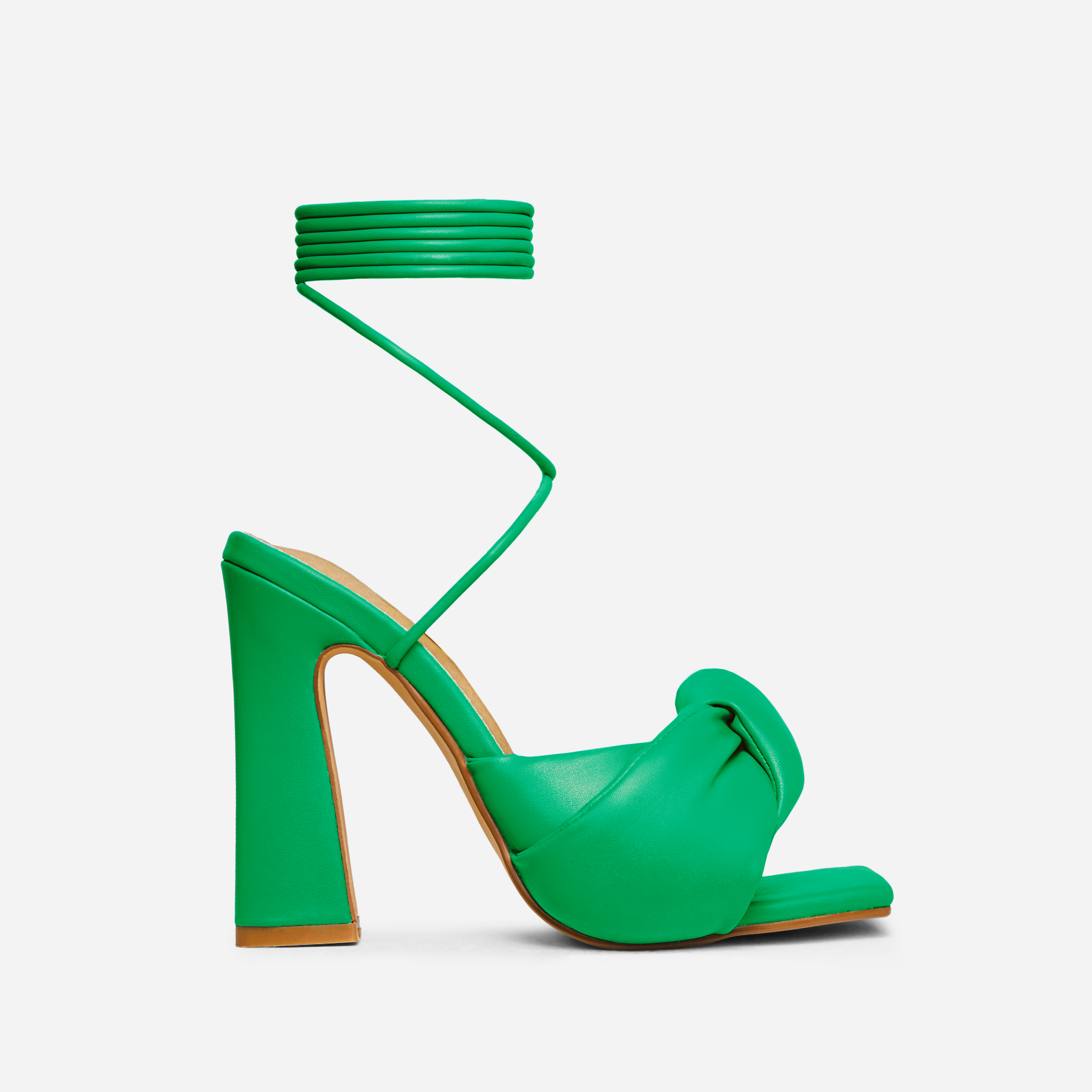 Goal-Digger Lace Up Padded Knot Detail Square Toe Flared Block Heel In Green Faux Leather, Green (EGO SHOES)