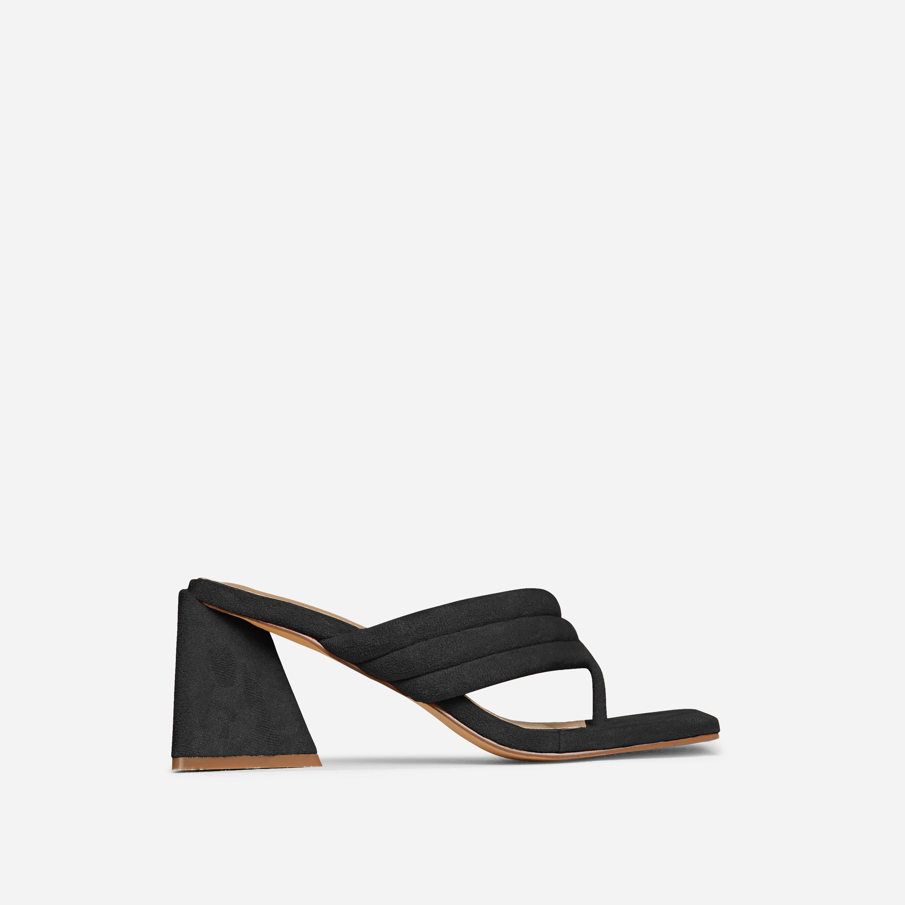 Gracias Padded Strap Square Toe Low Statement Block Heel Mule In Black Faux Suede, Black (EGO SHOES)