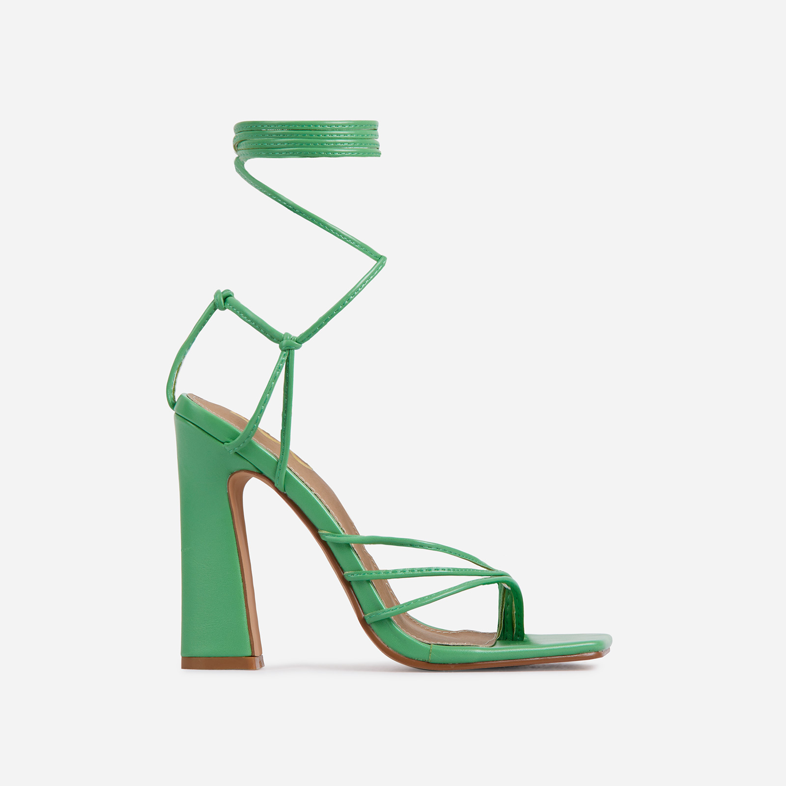 Wrap-Party Strappy Lace Up Square Toe Block Heel In Green Faux Leather, Green (EGO SHOES)