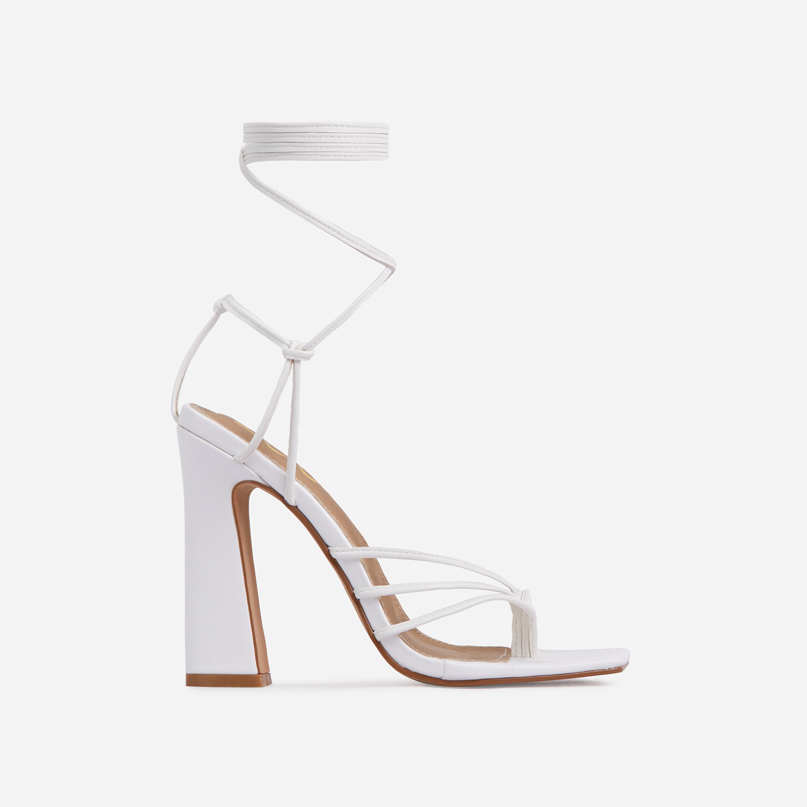 Wrap-Party Strappy Lace Up Square Toe Block Heel In White Faux Leather, White (EGO SHOES)