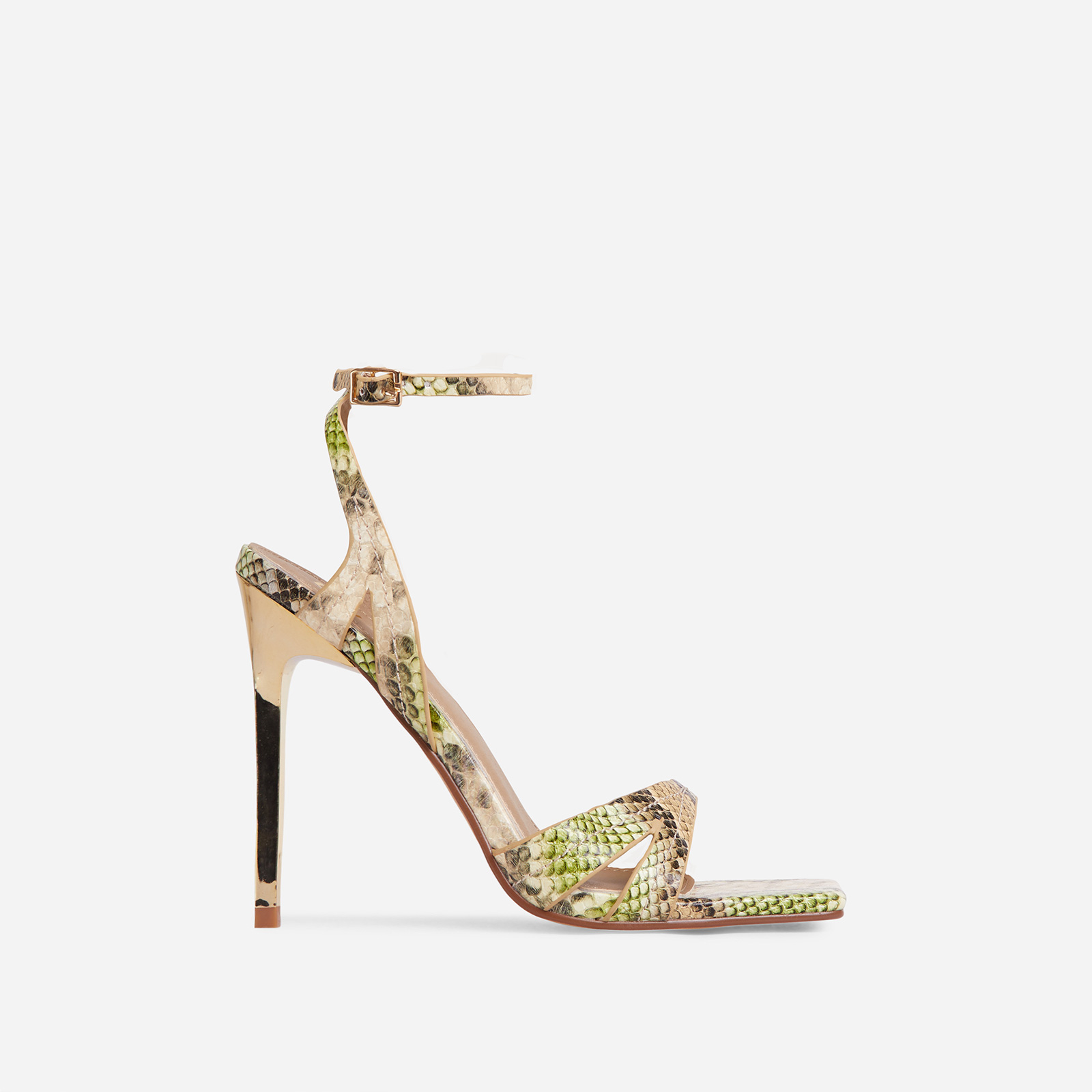 Got-Game Barely There Square Toe Metallic Heel In Green Multi Snake Print Faux Leather, Green (EGO SHOES)