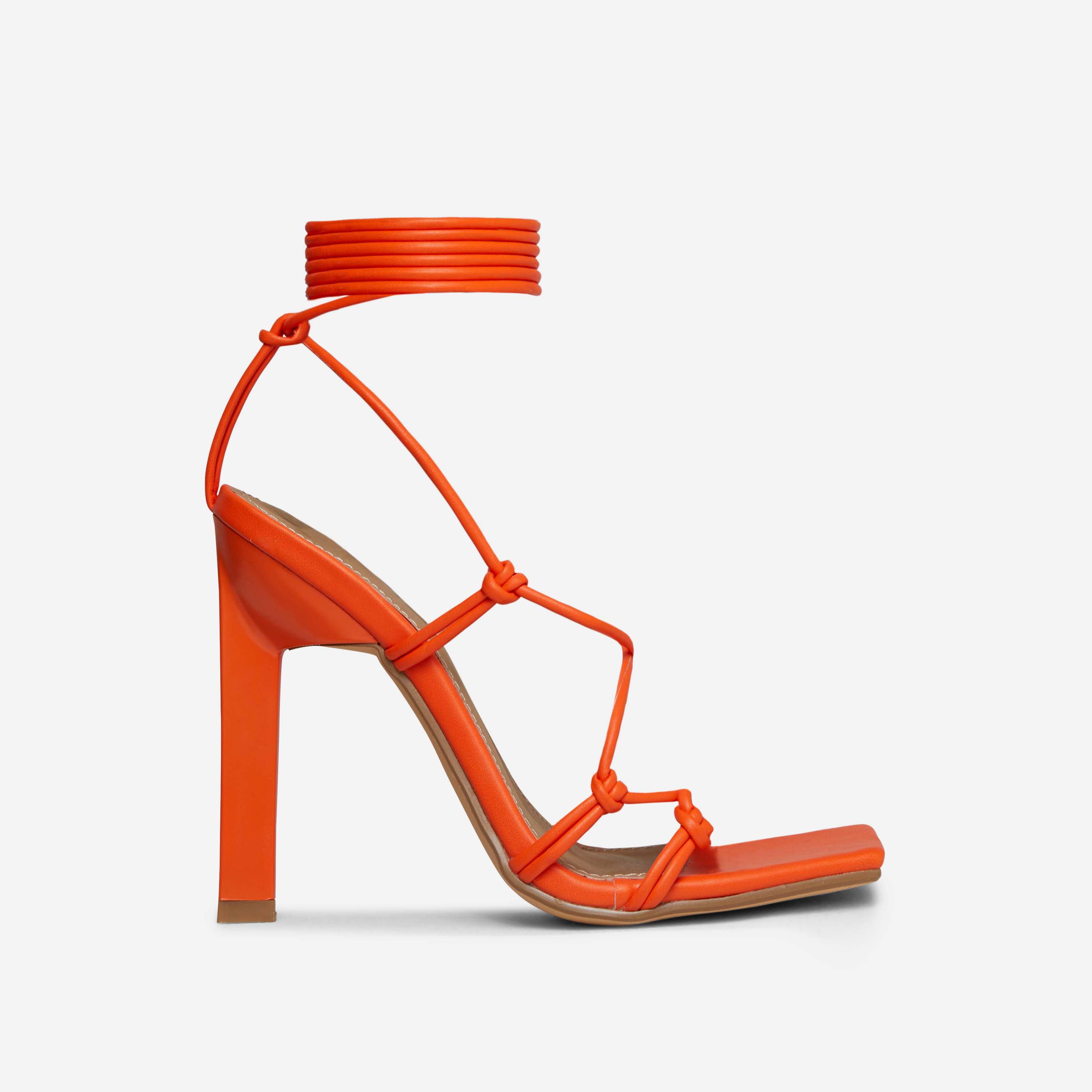 Into-Light Lace Up Knotted Strap Square Toe Stiletto Heel In Orange Faux Leather, Orange (EGO SHOES)