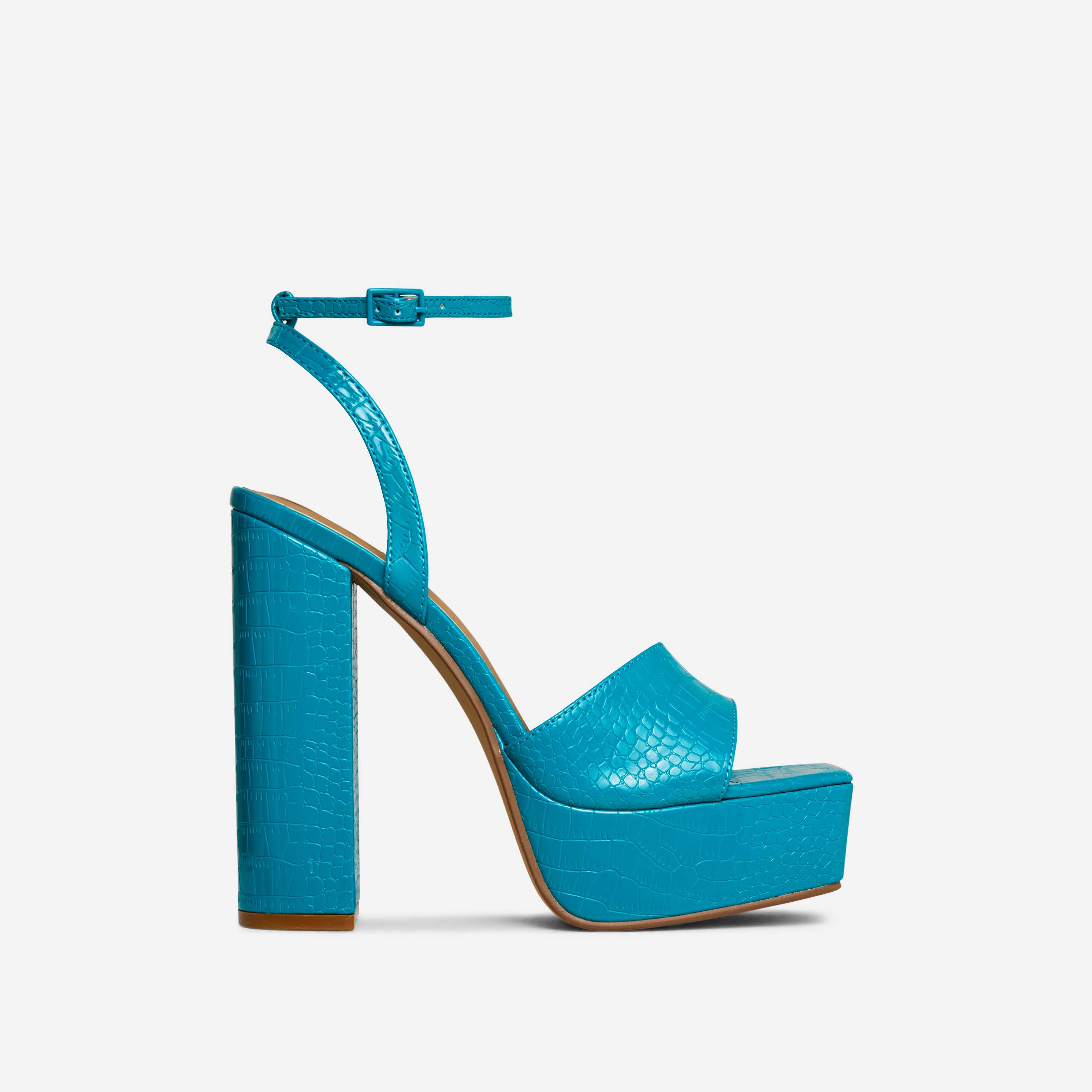 Jenner Barely There Square Toe Platform Block Heel In Teal Blue Croc Print Patent, Blue (EGO SHOES)