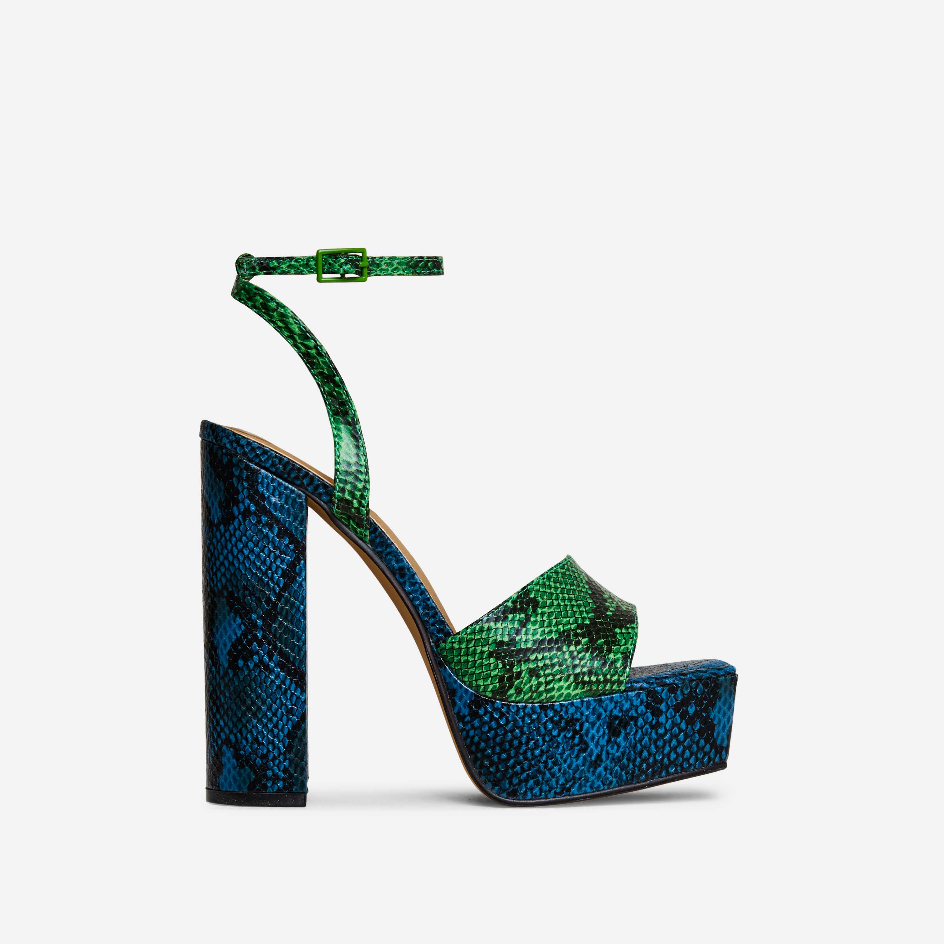 Jenner Barely There Square Toe Platform Block Heel In Blue And Green Snake Print Faux Leather, Blue (EGO SHOES)