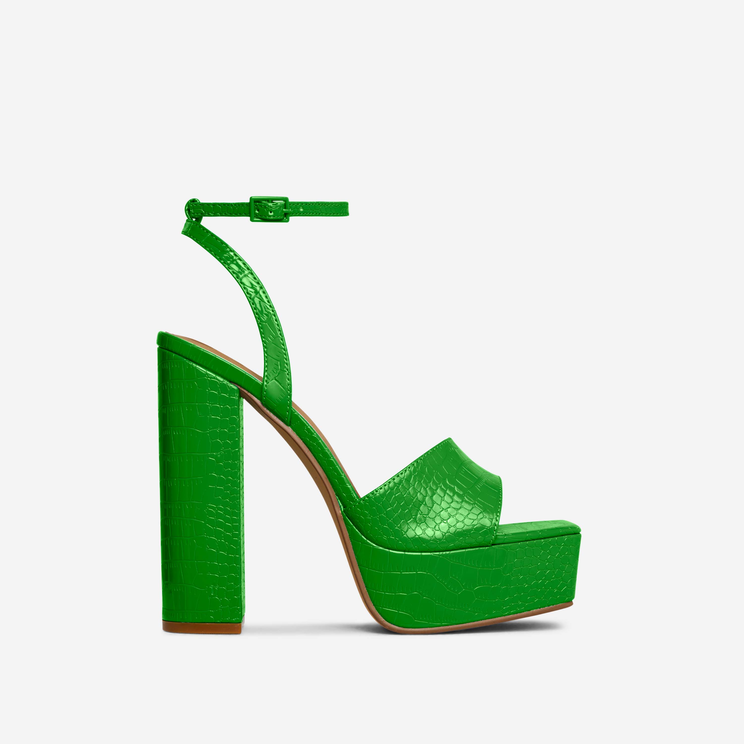 Jenner Barely There Square Toe Platform Block Heel In Green Croc Print Patent, Green (EGO SHOES)