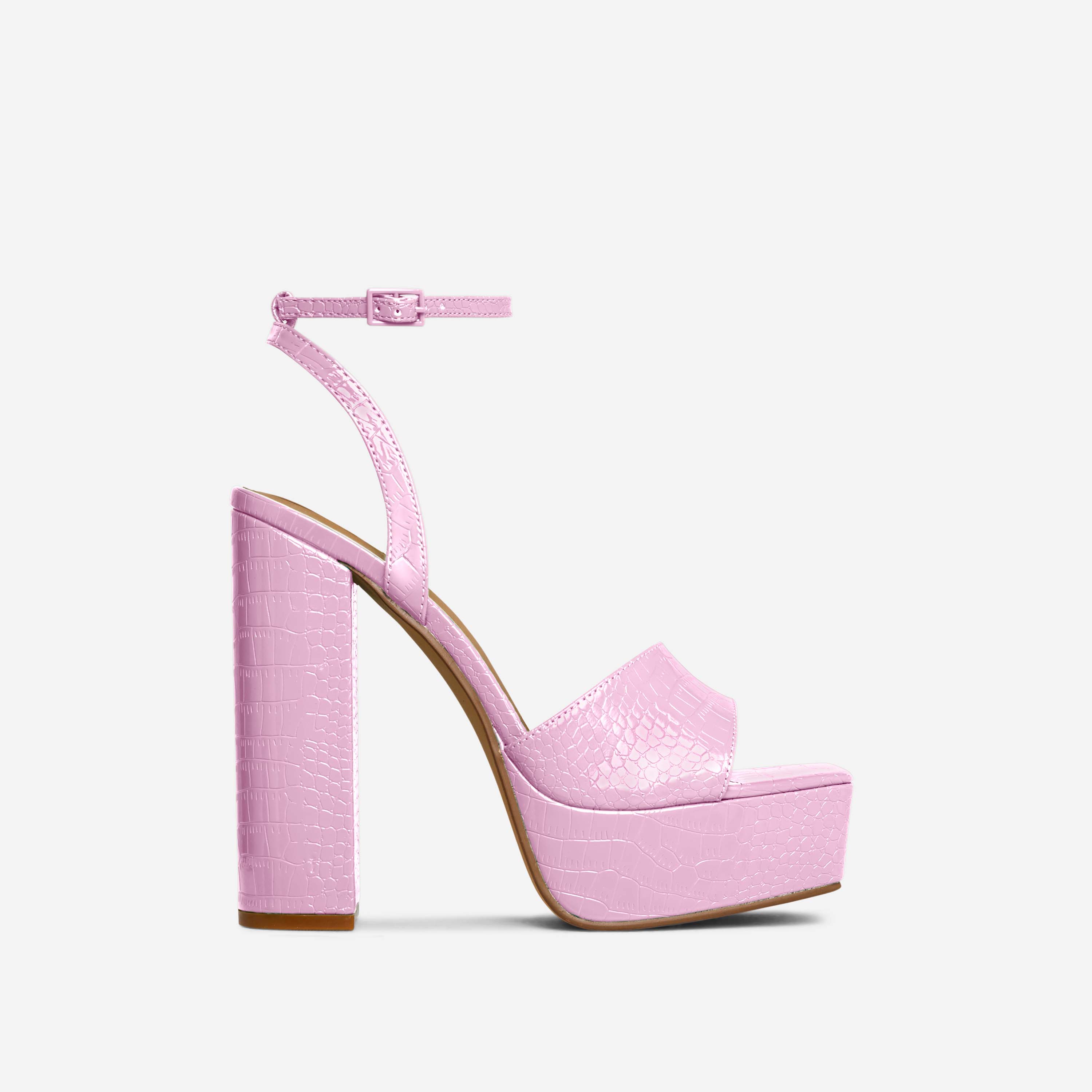 Jenner Barely There Square Toe Platform Block Heel In Pink Croc Print Patent, Pink (EGO SHOES)