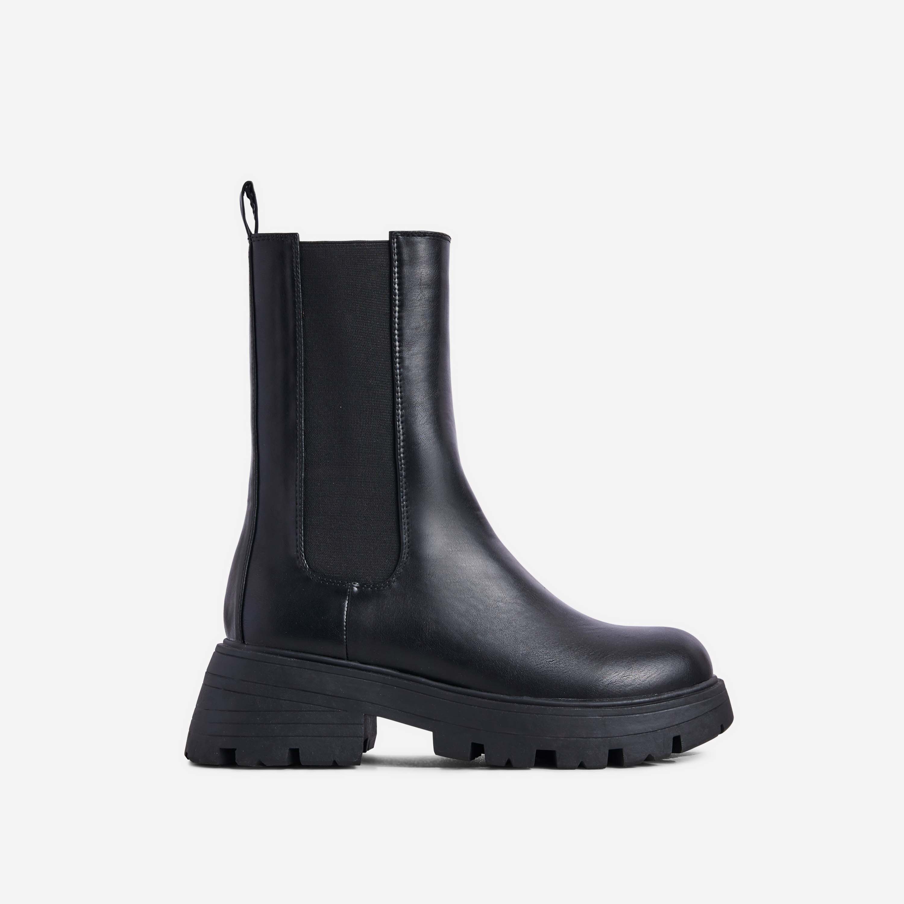 Joshua Chunky Sole Ankle Chelsea Biker Boot In Black Faux Leather, Black (EGO SHOES)