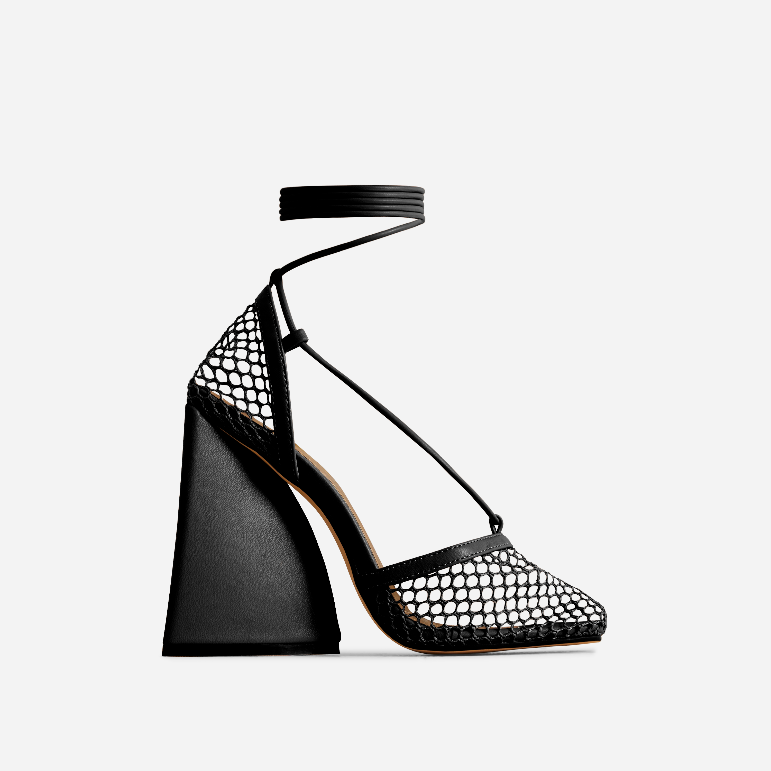 Journee Lace Up Square Toe Statement Block Heel In Black Fishnet, Black (EGO SHOES)