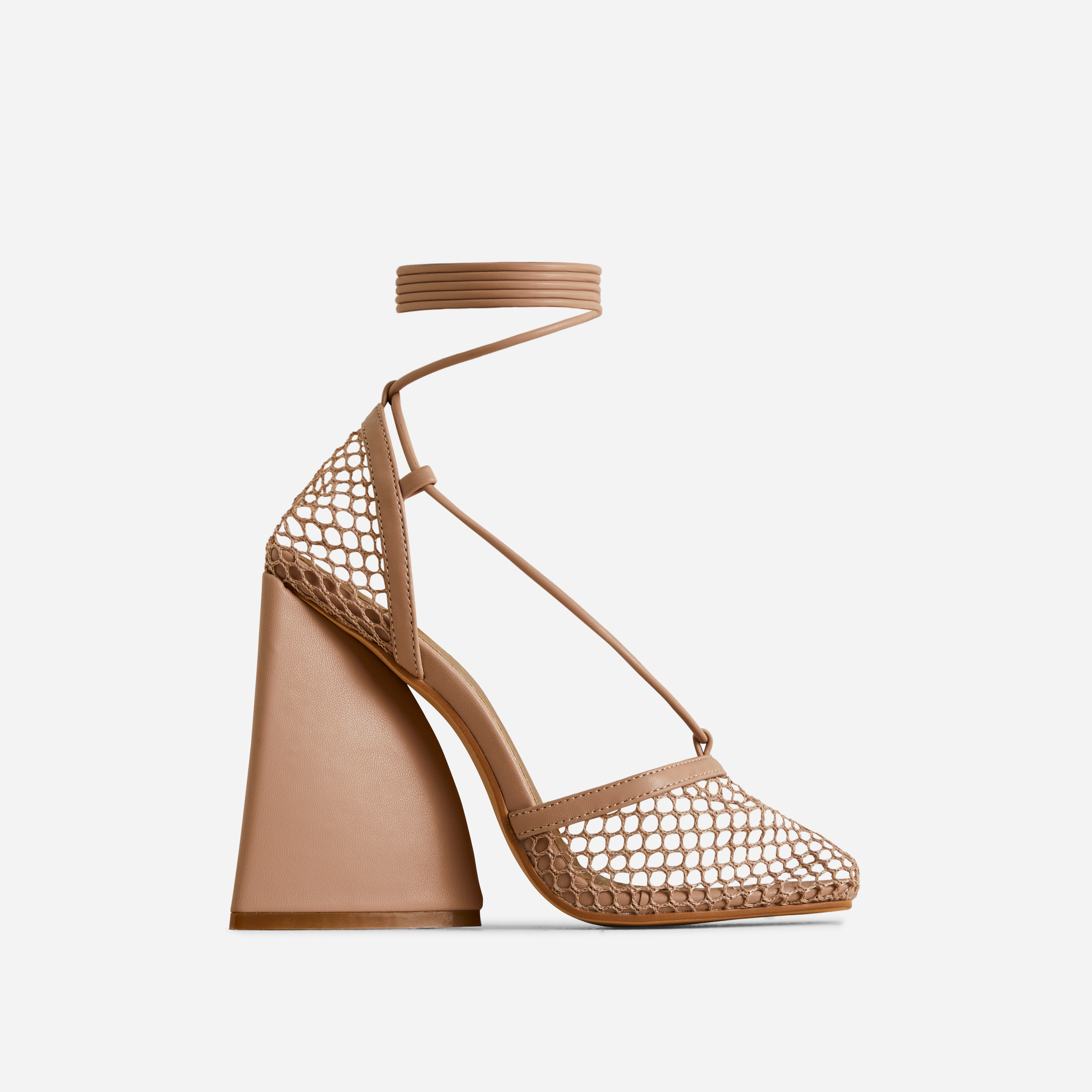 Journee Lace Up Square Toe Statement Block Heel In Nude Fishnet, Nude (EGO SHOES)