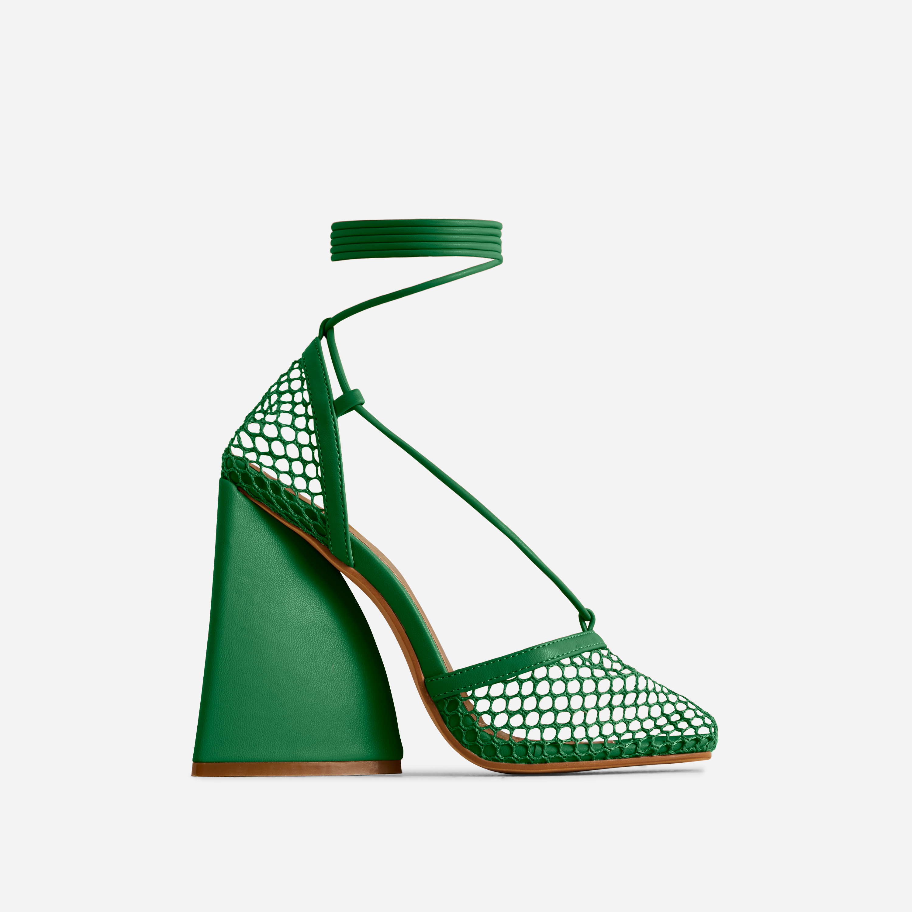 Journee Lace Up Square Toe Statement Block Heel In Green Fishnet, Green (EGO SHOES)