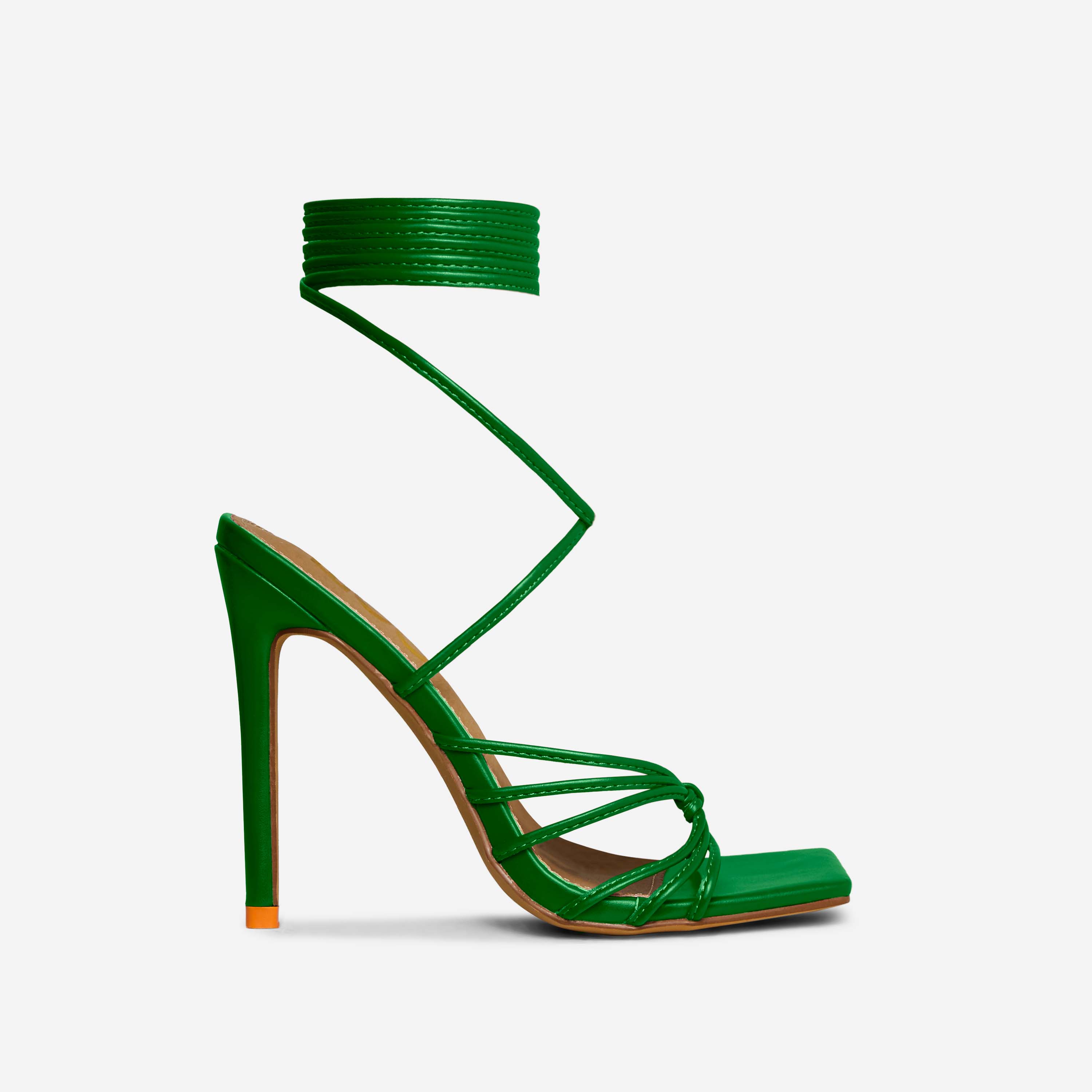 Kyle Lace Up Knotted Strap Square Toe Stiletto Heel In Green Faux Leather, Green (EGO SHOES)