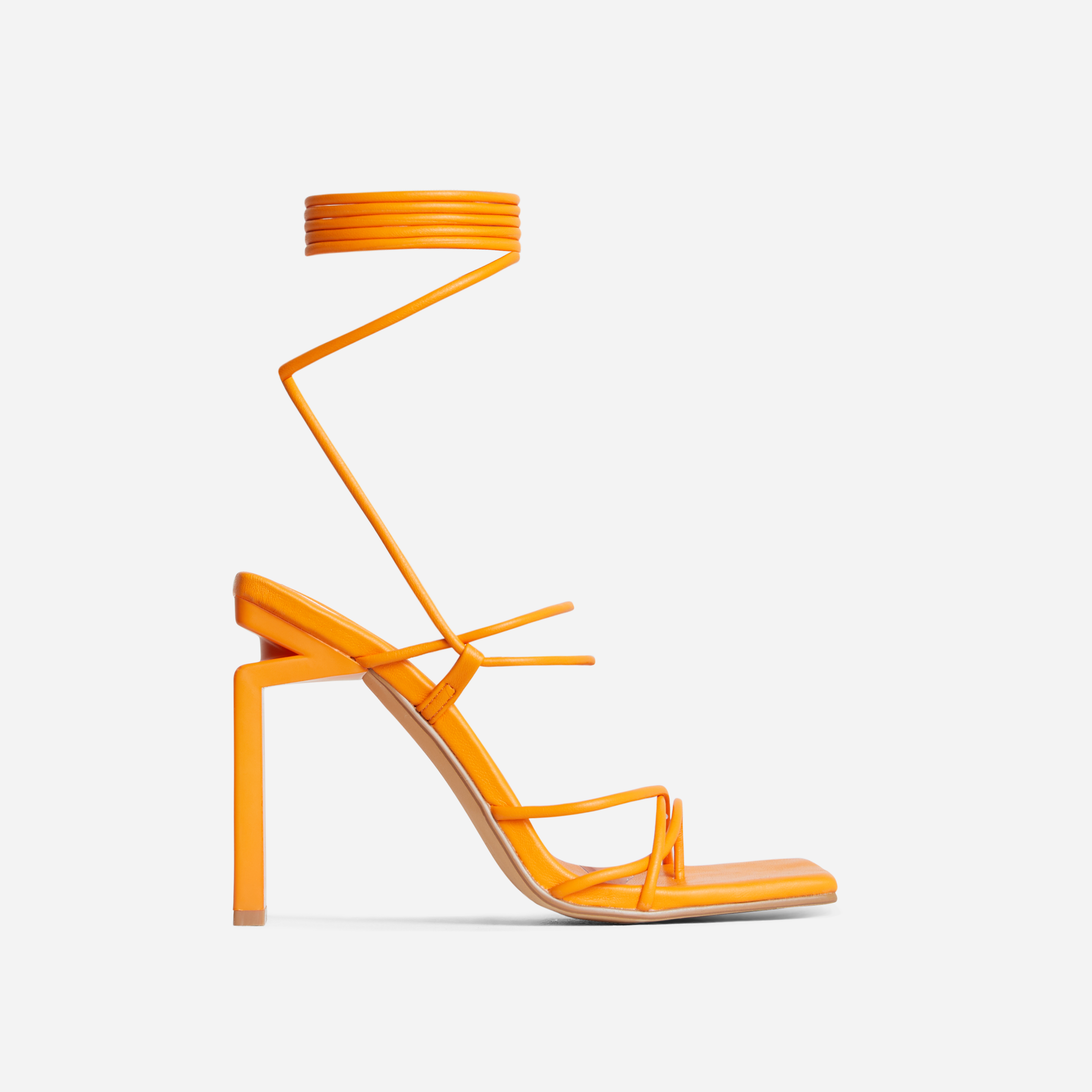 Laced Wide Fit Strappy Square Toe Cut Out Thin Block Heel In Orange Faux Leather, Orange (EGO SHOES)