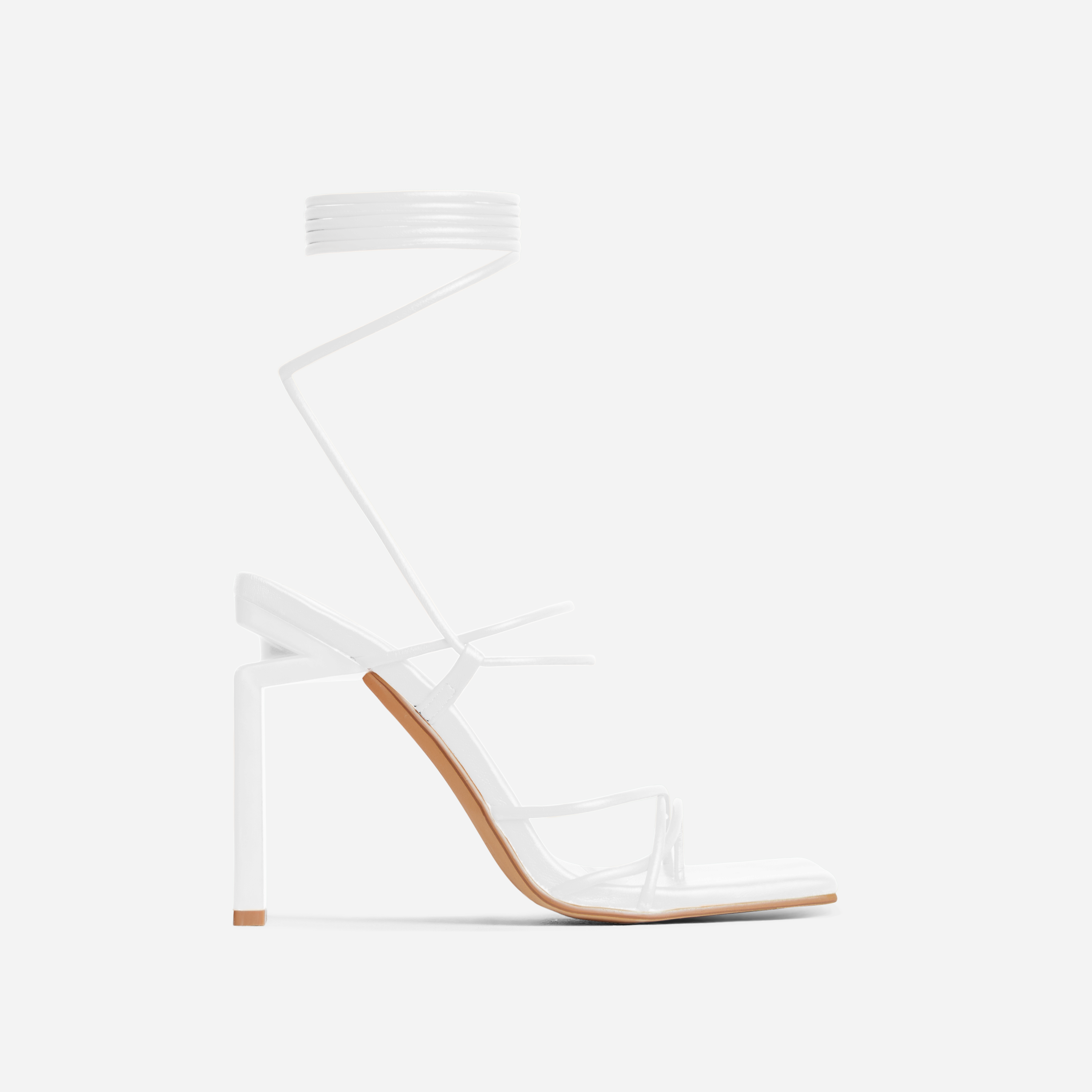 Laced Strappy Square Toe Cut Out Thin Block Heel In White Faux Leather, White (EGO SHOES)