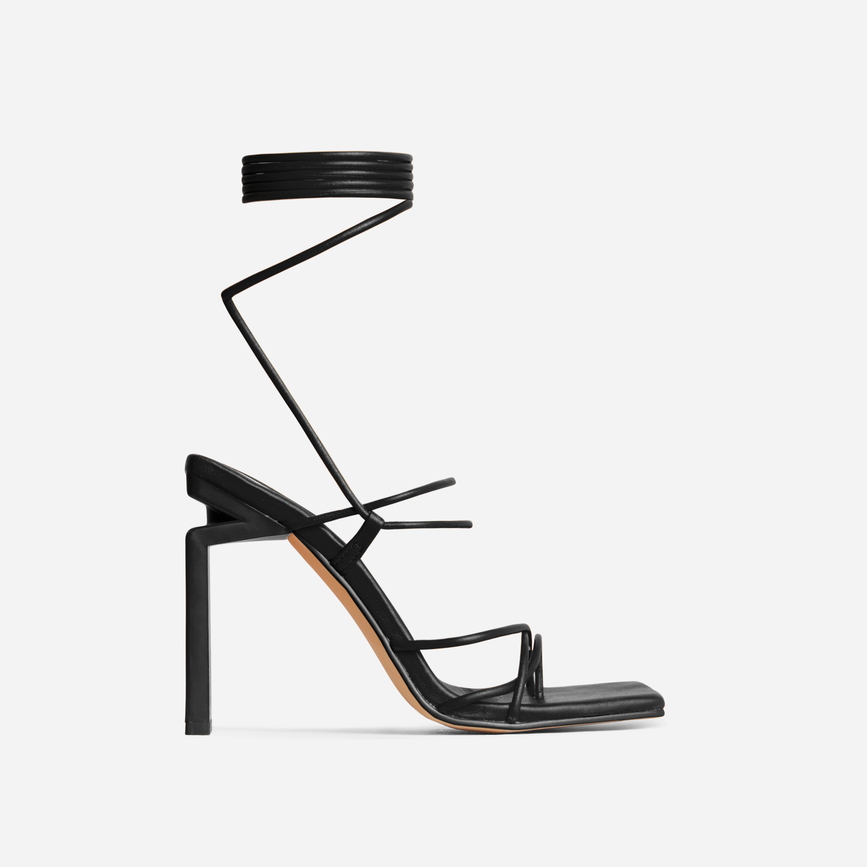 Laced Strappy Square Toe Cut Out Thin Block Heel In Black Faux Leather, Black (EGO SHOES)