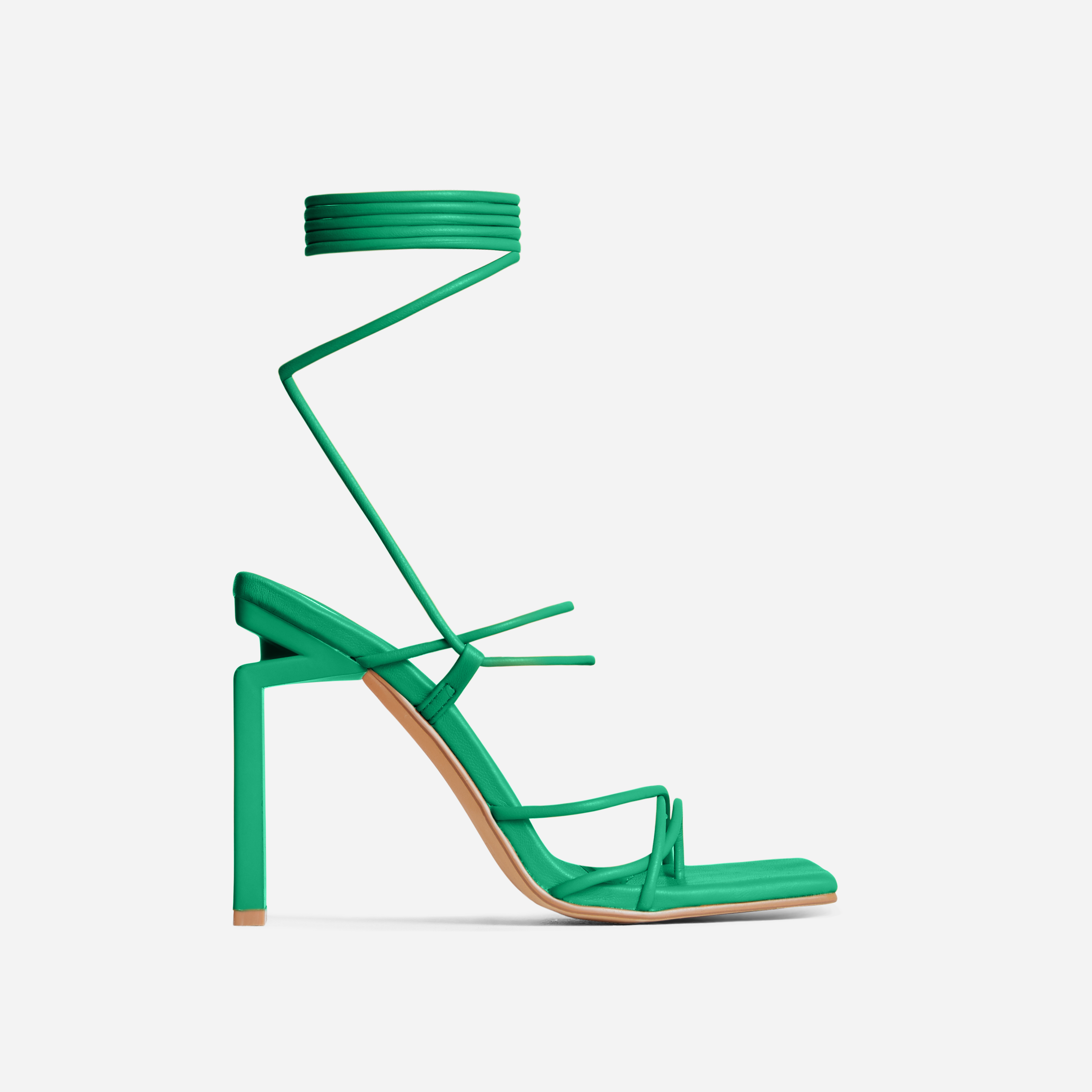 Laced Strappy Square Toe Cut Out Thin Block Heel In Green Faux Leather, Green (EGO SHOES)