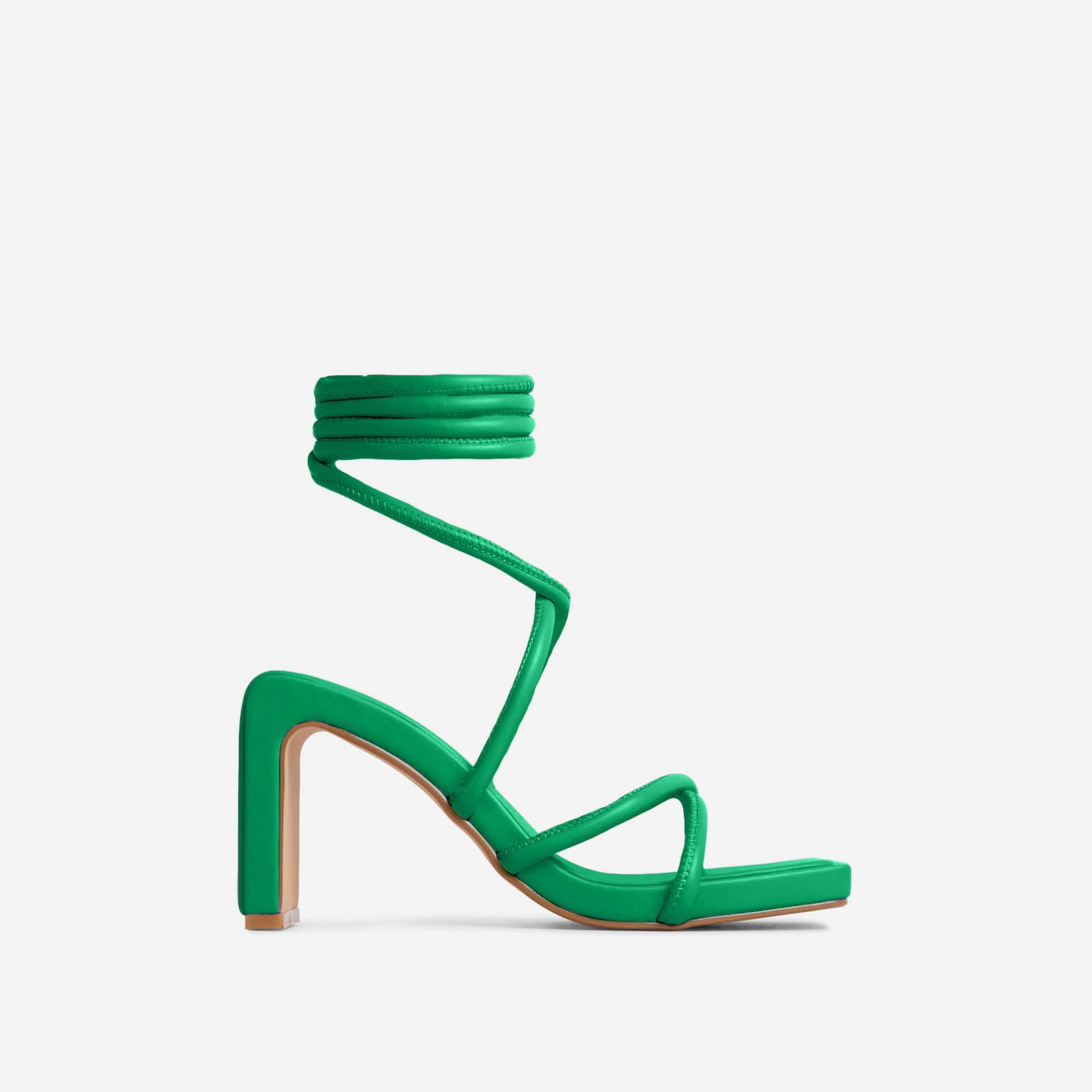 Lana Strappy Chunky Lace Up Square Toe Thin Low Block Heel In Green Faux Leather, Green (EGO SHOES)