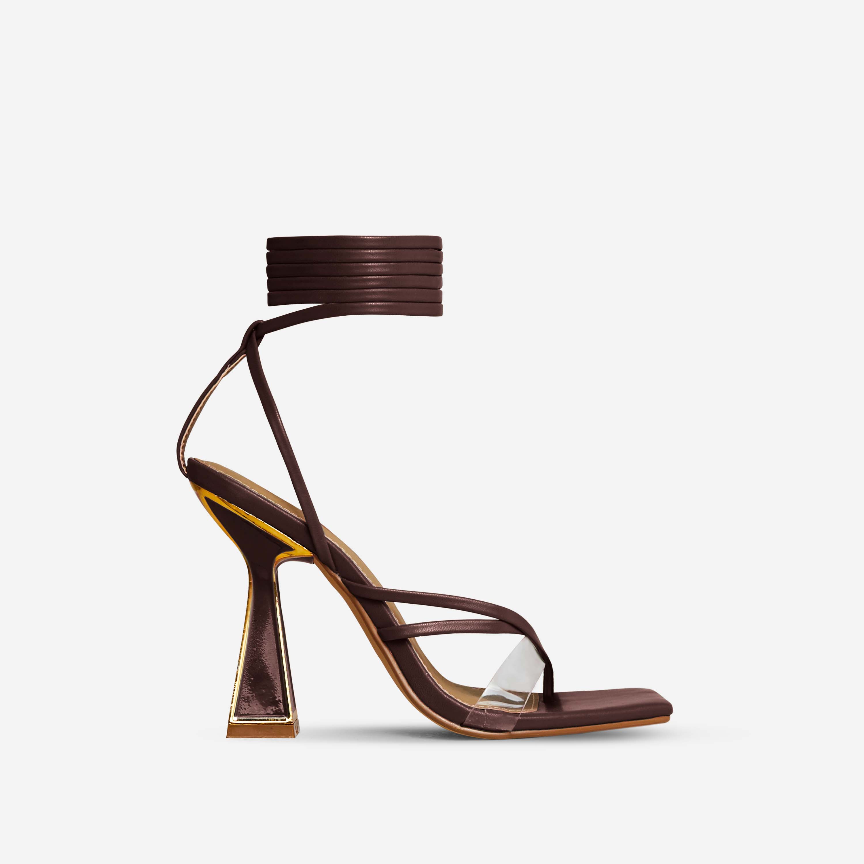 Last-Call Lace Up Gold Detail Square Toe Statement Block Heel In Brown Faux Leather, Brown (EGO SHOES)