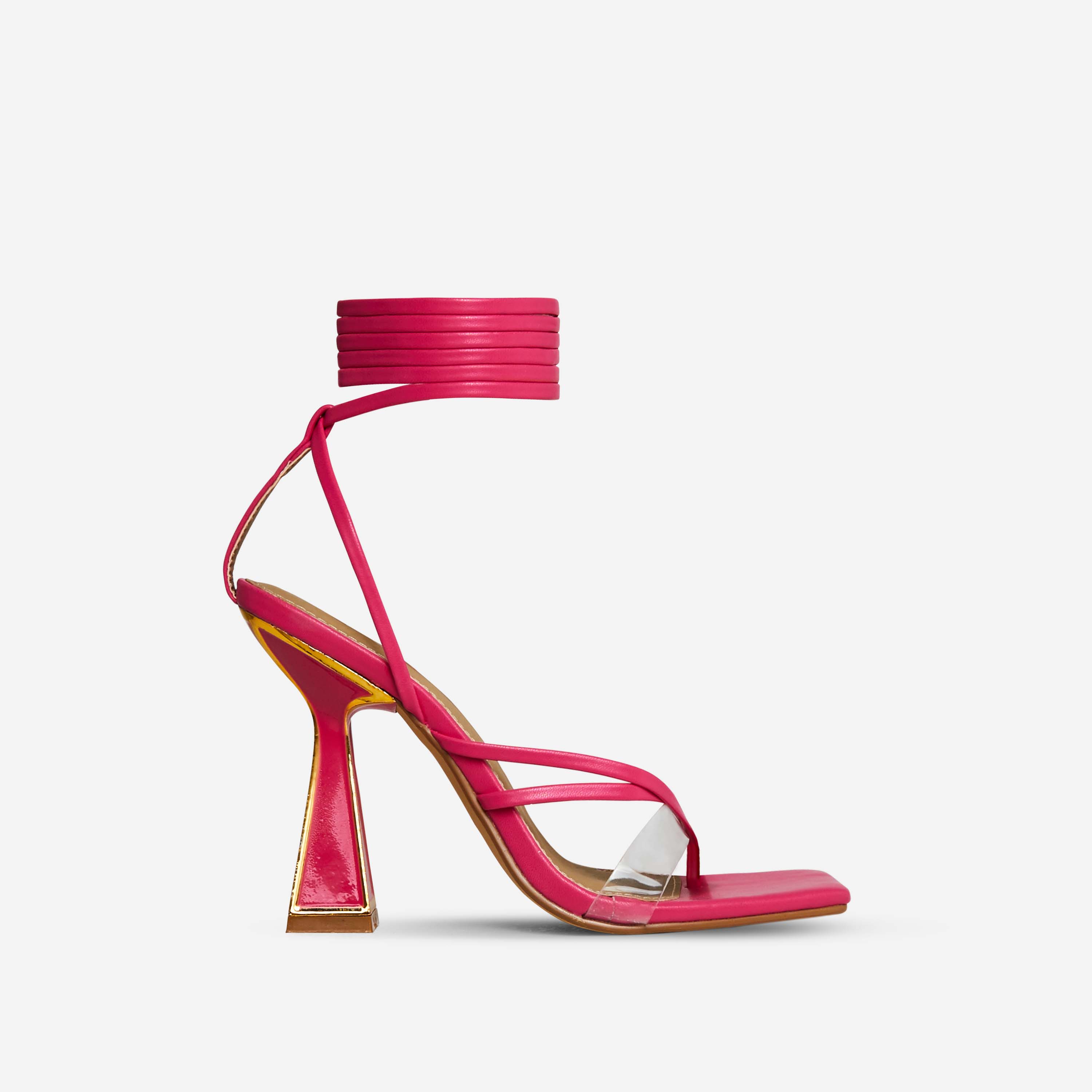 Last-Call Lace Up Gold Detail Square Toe Statement Block Heel In Pink Faux Leather, Pink (EGO SHOES)