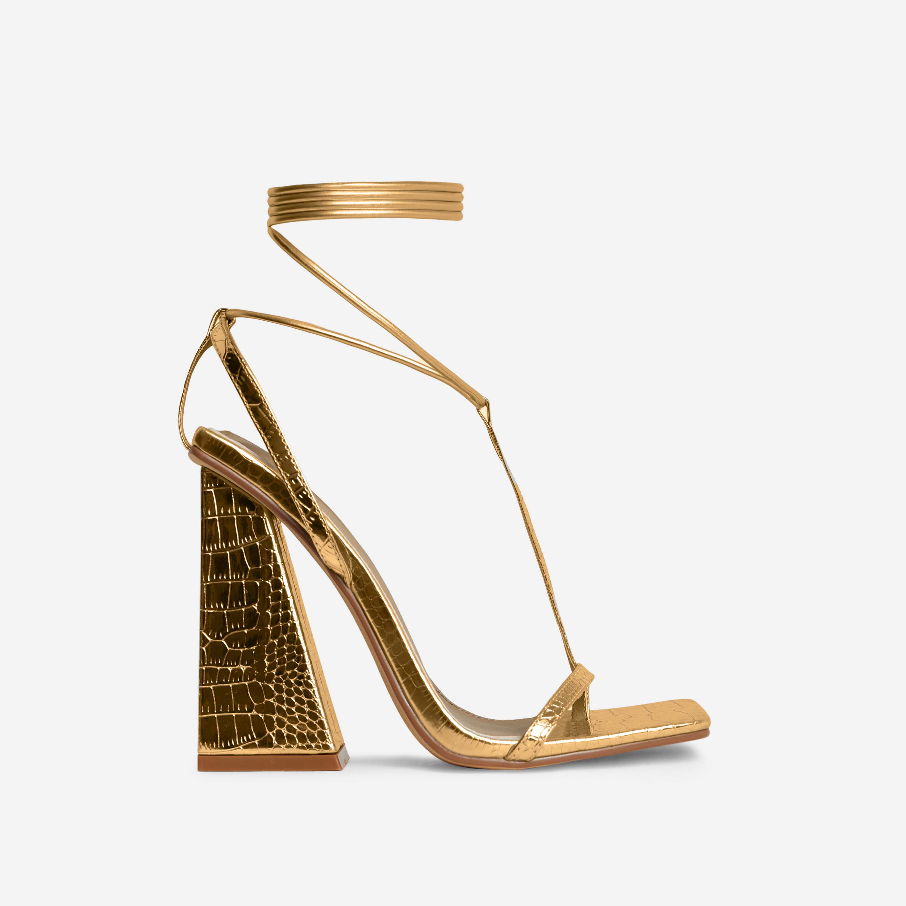 Late-Night Lace Up T-Bar Strap Square Toe Statement Flared Block Heel In Gold Croc Print Faux Leather, Gold (EGO SHOES)