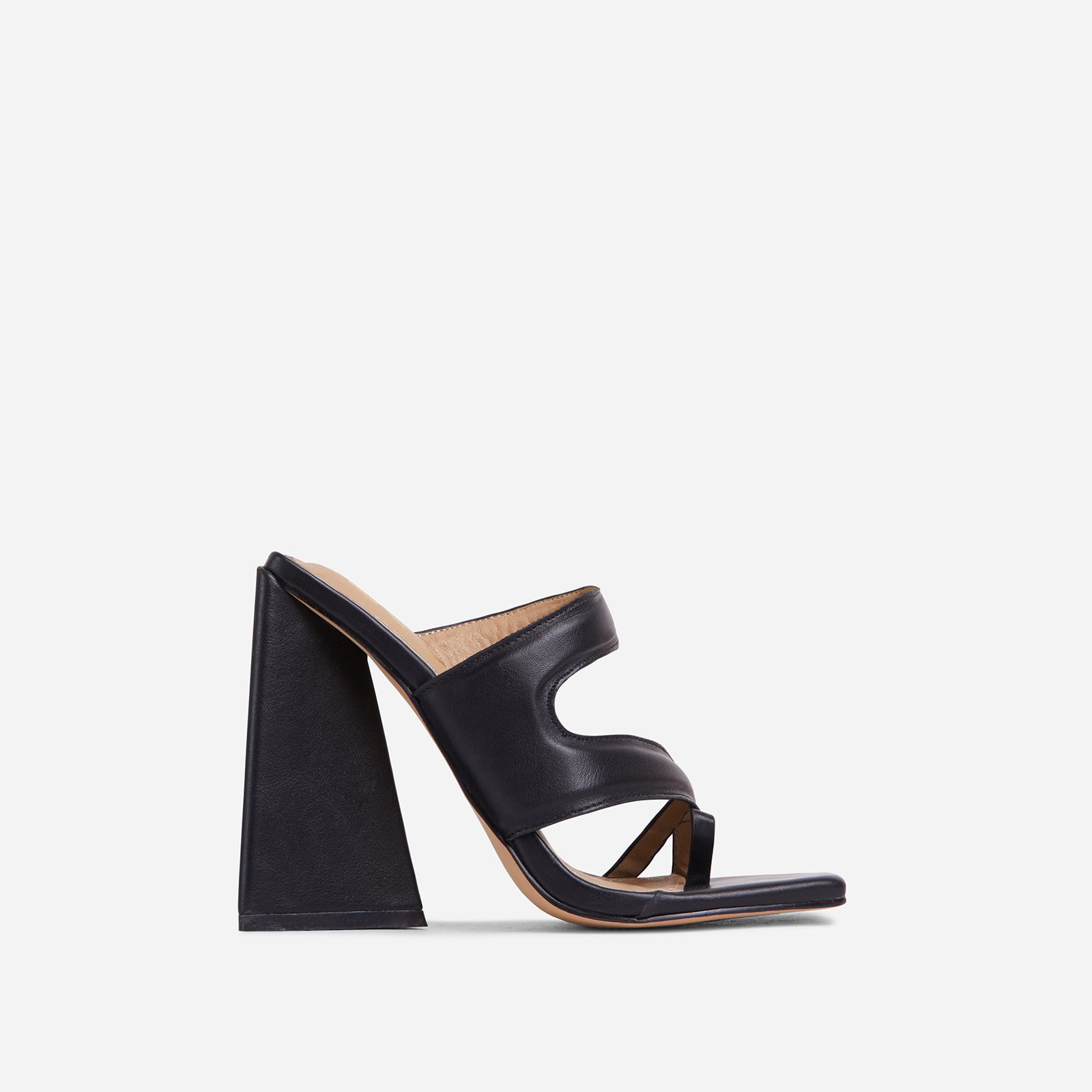 Looking-Up Caged Strappy Square Toe Sculptured Flared Block Heel Mule In Black Faux Leather, Black (EGO SHOES)