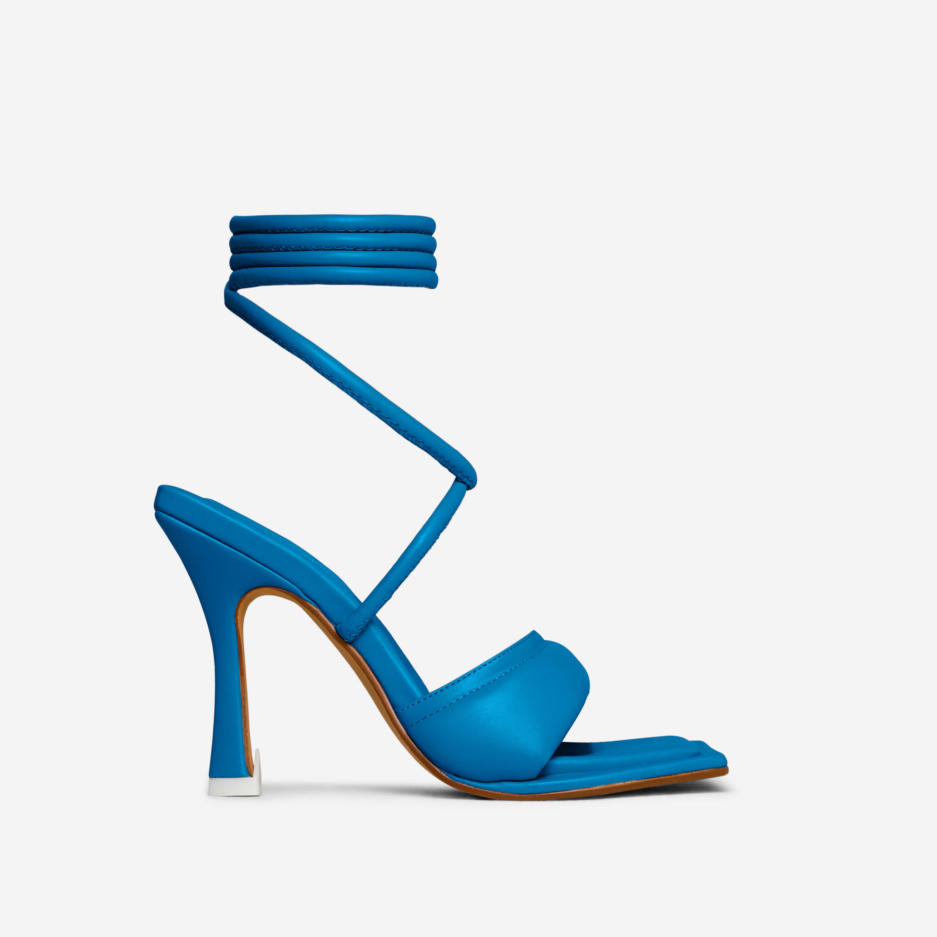 Love-Again Lace Up Padded Strap Detail Square Toe Heel In Teal Blue Faux Leather, Blue (EGO SHOES)